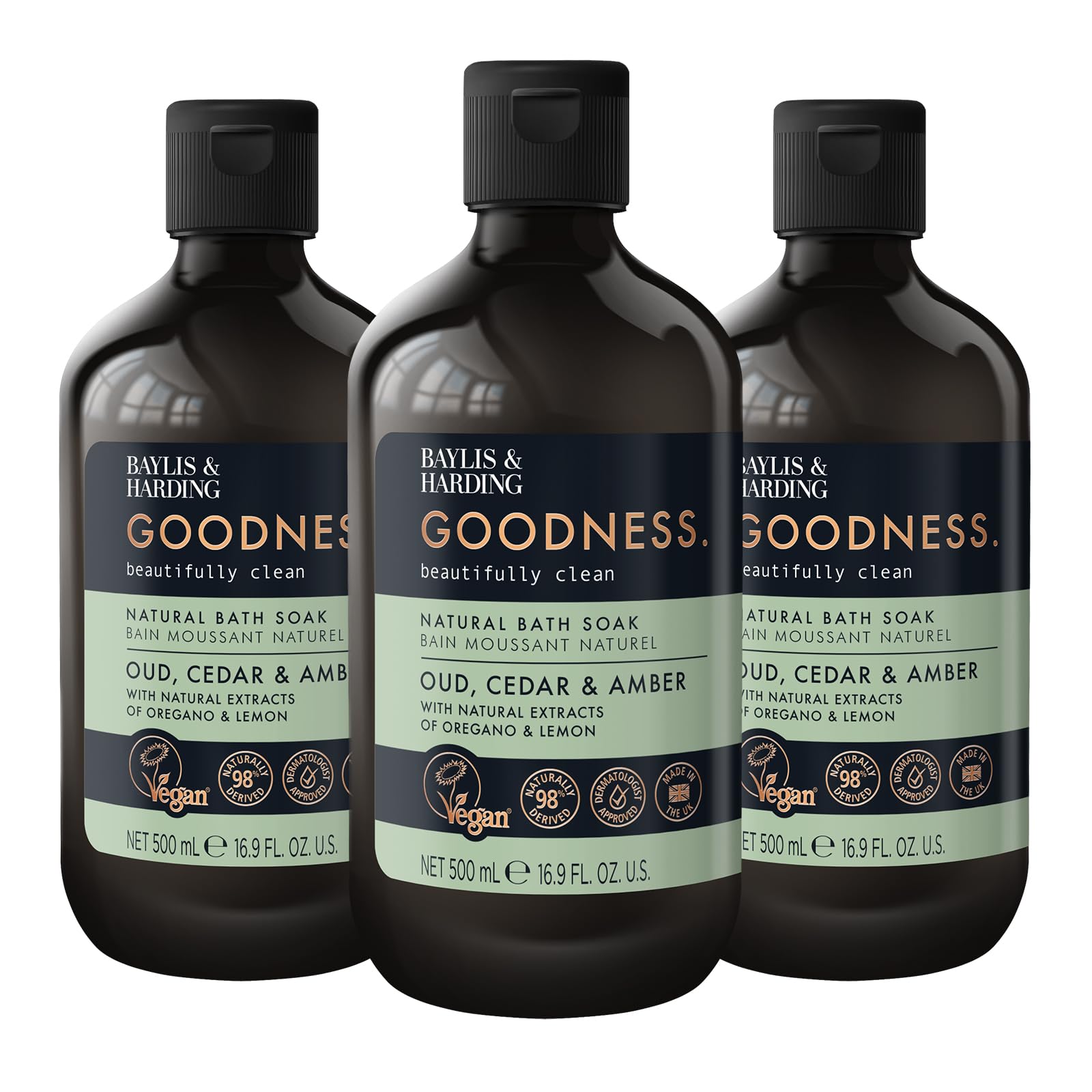 Baylis & Harding Goodness Oud, Cedar and Amber Body Wash, 500 ml (Pack of 3) - Vegan Friendly