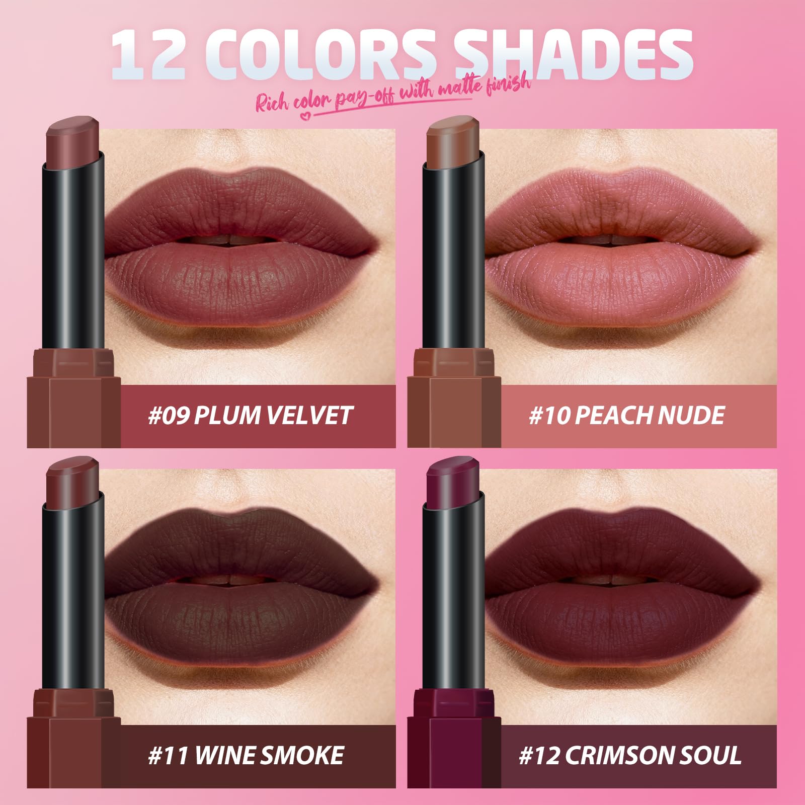 12Pcs Velvet Matte Lipstick Nude Matte Soft Dark Color Stick High Pigmented Long-Lasting Waterproof Lip Stick Lip Balm Beauty Cosmetics Gift for Women(01#-12#)
