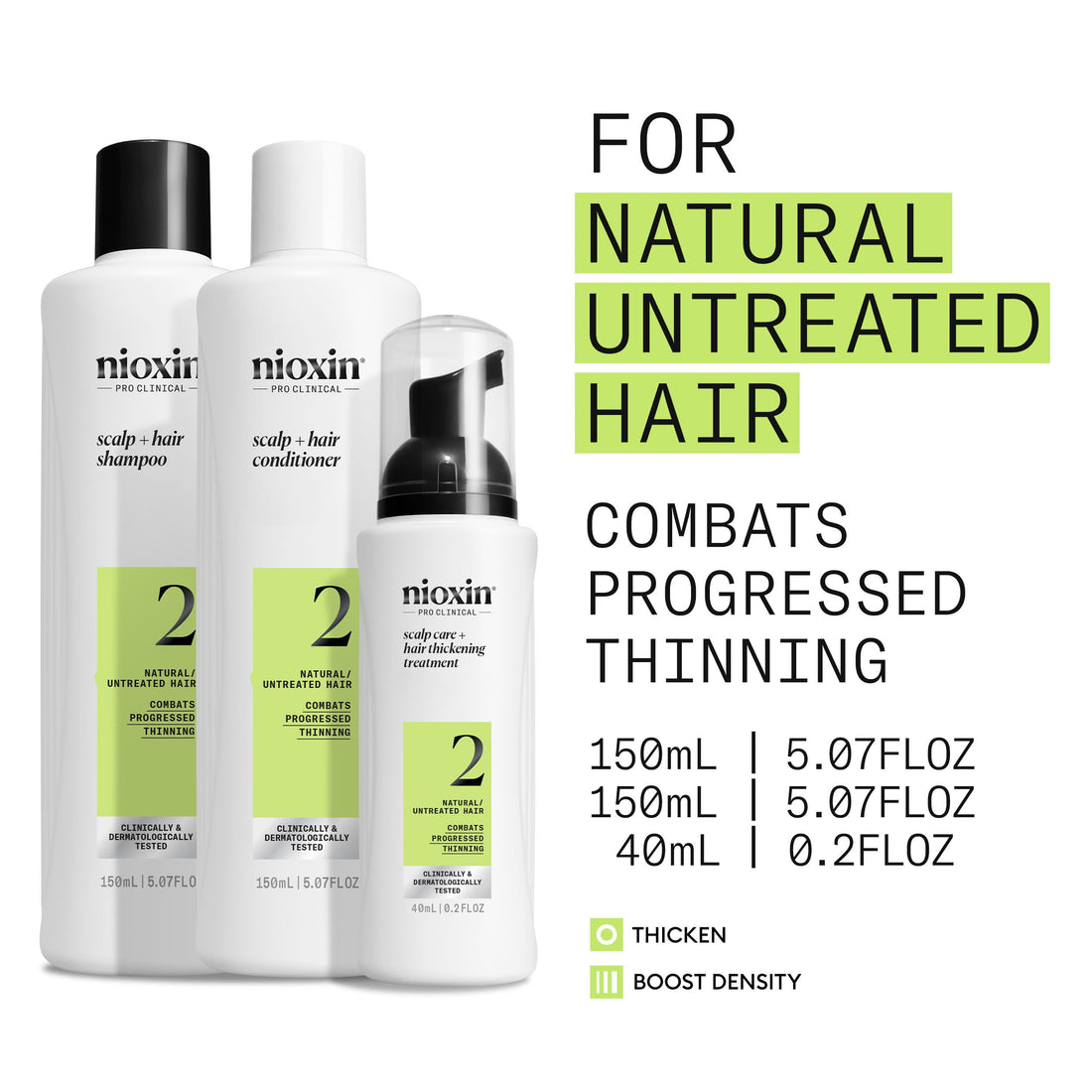 Nioxin System 2 - Hair Thickening System For Natural Hair with Progressed Thinning - Biotin & Niacinamide - Shampoo, Conditioner, Serum