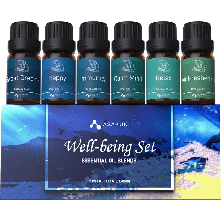 ASAKUKI Essential Oil Blends Gift Set | 6x10ml Well-Being Oils for Diffusers, Relaxation & Sleep | Calm Mind, Sweet Dreams, Happy, Relax, Air Freshening & Immunity | Aromatherapy Kit for Home Use