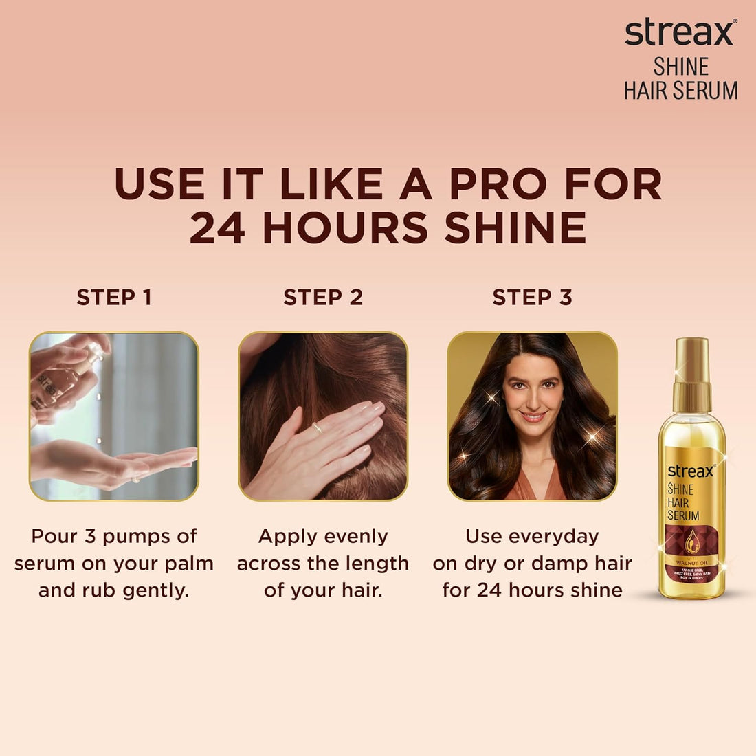 Streax Hair Serum Enriched with Walnut Oil Gives Frizz-free Satin Smooth Hair 100ml (3.5 Oz)