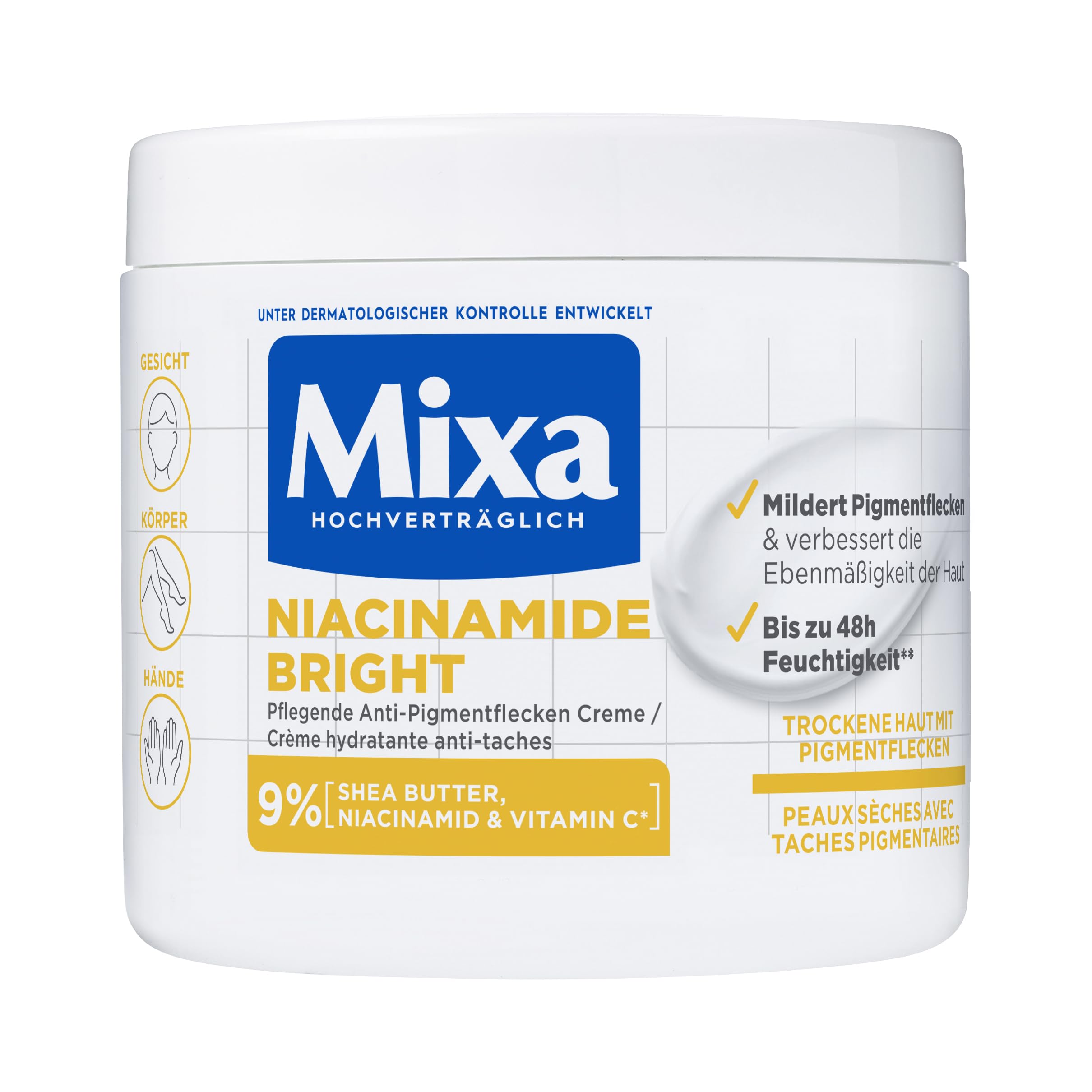 Mixa Cream, Niacinamide Bright Moisturizing Anti-Dark Spot Cream, Body Care Dark Spot Corrector for Uneven Tone, with 9% Niacinamide, Shea Butter & Vitamin C, 400ml