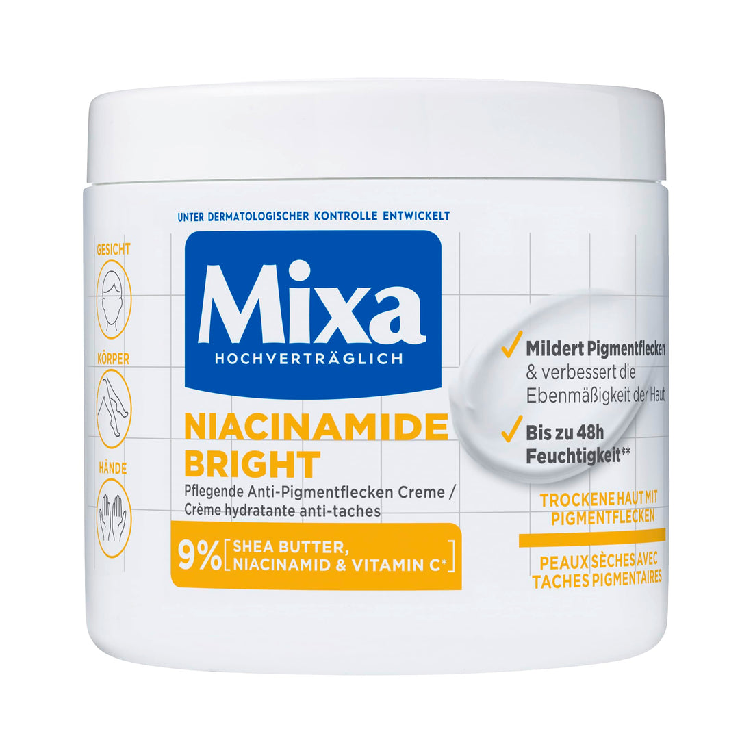 Mixa Cream, Niacinamide Bright Moisturizing Anti-Dark Spot Cream, Body Care Dark Spot Corrector for Uneven Tone, with 9% Niacinamide, Shea Butter & Vitamin C, 400ml
