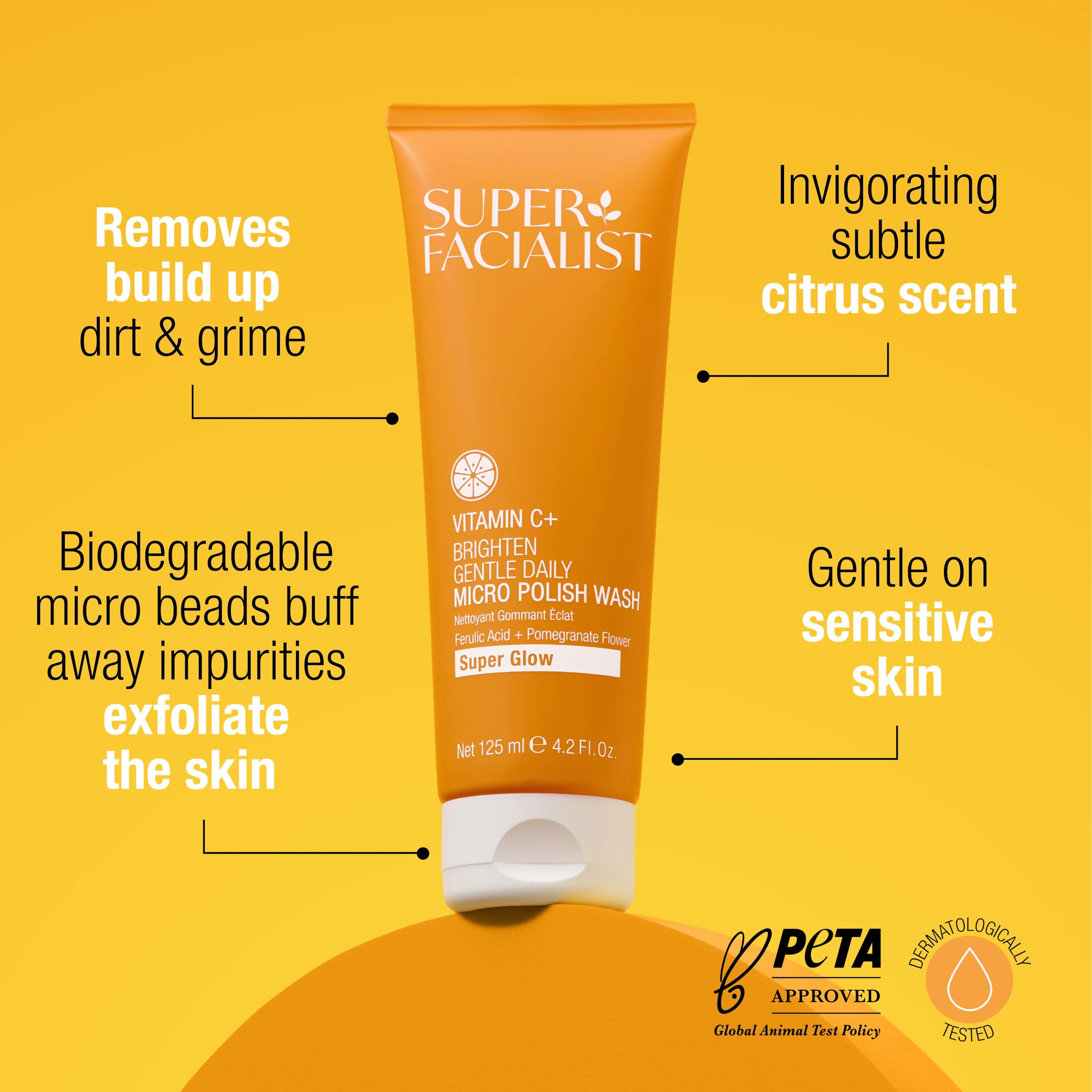 Super Facialist Vitamin C Gentle Daily Micro Polish Face Wash - Exfoliating Cleanser for Sensitive Skin, Removes Impurities, Biodegradable Beads, Vegan Friendly 125ml
