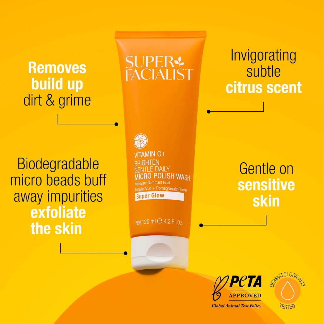 Super Facialist Vitamin C Gentle Daily Micro Polish Face Wash - Exfoliating Cleanser for Sensitive Skin, Removes Impurities, Biodegradable Beads, Vegan Friendly 125ml