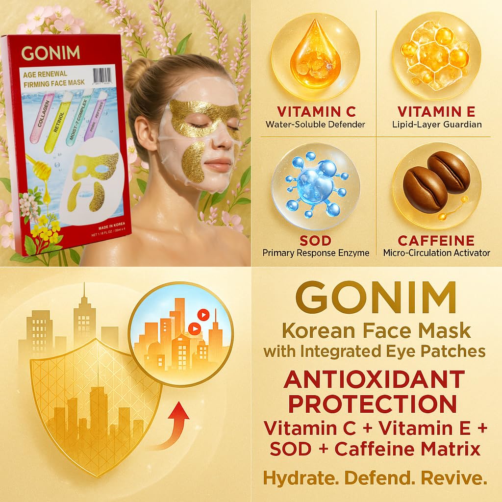 GONIM Korean Face Mask with Integrated Eye Patches with PDRN, Caffeine, Retinol, Collagen Face Mask, Hydrating Face Masks, Hyaluronic Acid Serum Sheet Mask Korean Skin Care Anti Aging 35ml/1.18ozx4 Halalzen