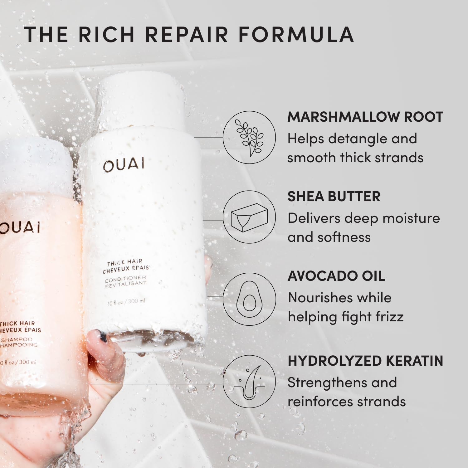 OUAI Thick Shampoo + Conditioner Set - Fight Frizz and Nourish Dry, Thick Hair with Keratin, Marshmallow Root, Shea Butter & Avocado Oil - Free of Parabens, Sulfates & Phthalates - 300 ml Each Halalzen