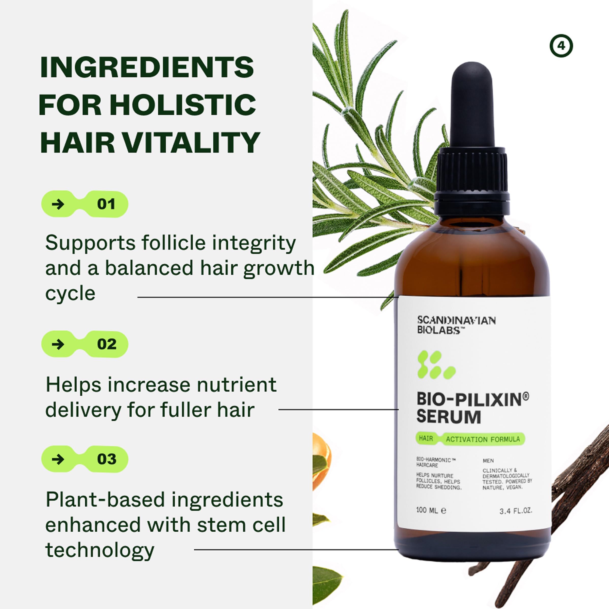 Scandinavian Biolabs Bio-Pilixin® Serum For Women | Helps Reduce Hair Loss Due to Breakage, Activates Hair Growth, Stem Cell Technology, Drug-Free, Clinically Tested, 100 mL / 3.4 Oz (1-Month)