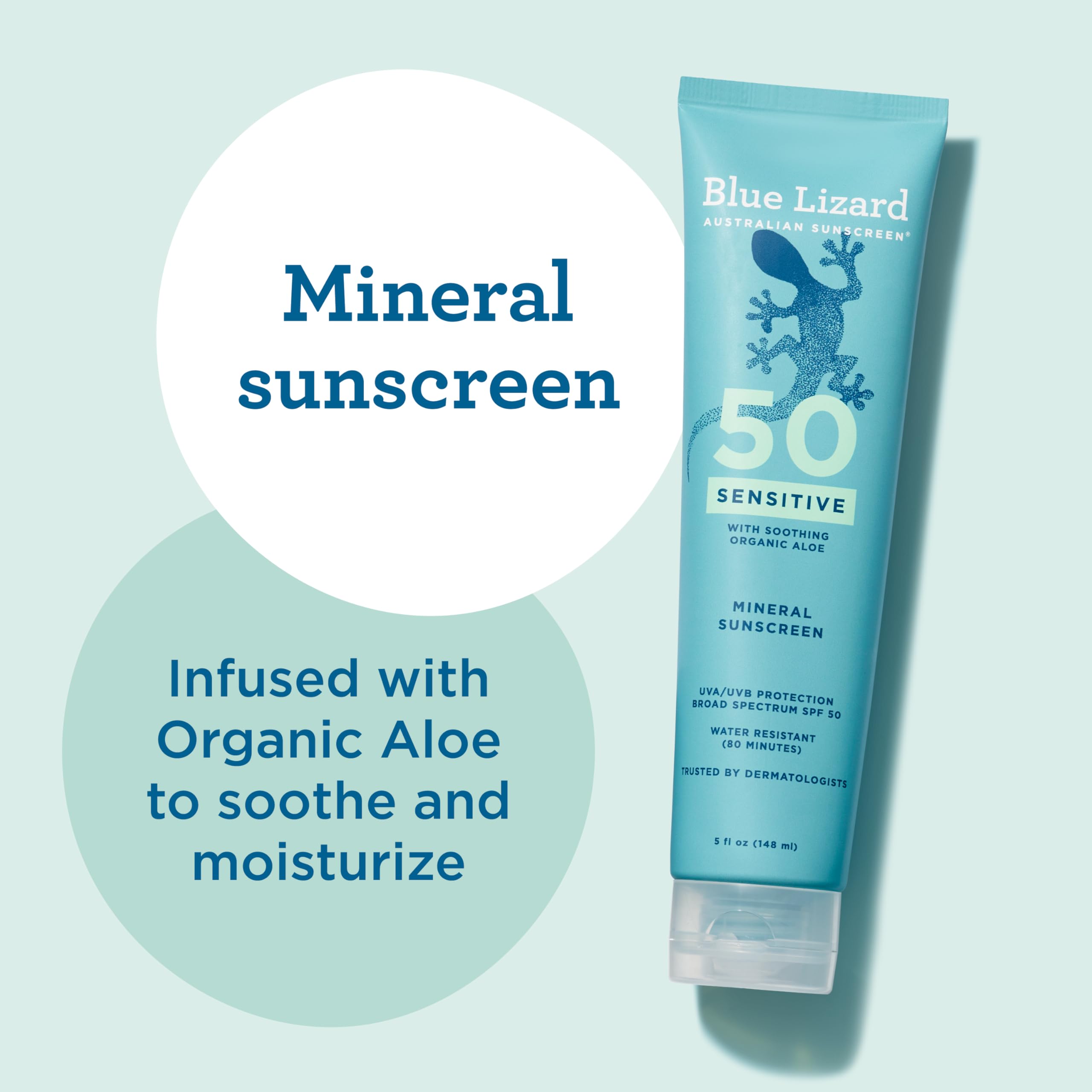 Blue Lizard Sensitive Mineral SPF 50 Sunscreen Lotion, 100% Mineral Sunscreen, UVA/UVB Protection, Infused with organic Aloe Vera, Soothes and Hydrates, 5 fl oz Halalzen