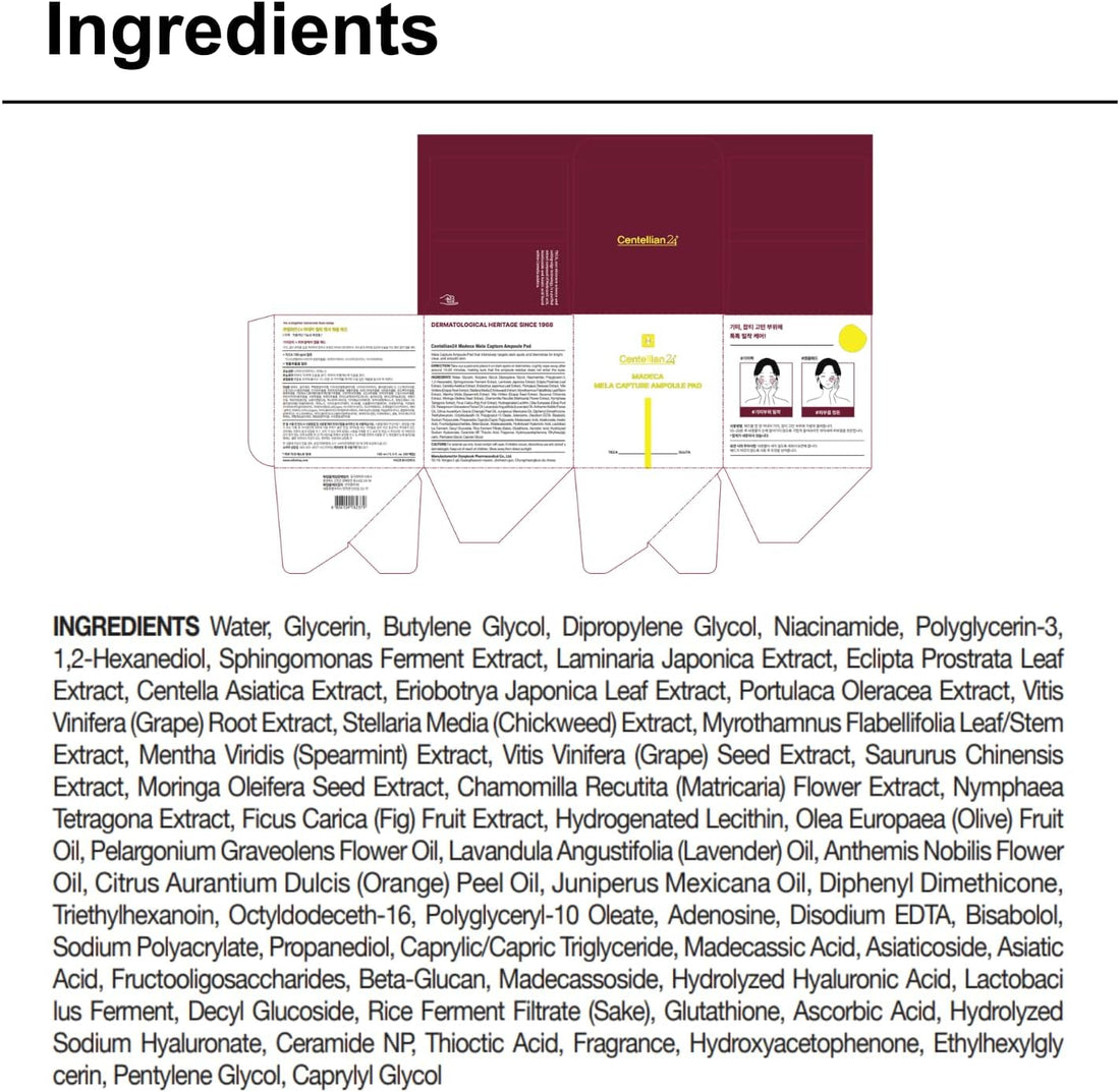 CENTELLIAN 24 Madeca Mela Capture Ampoule Pad (Evening, 5.58fl oz / 60 pcs) - Highly Concentrated Ampoule Pads for Tone Correcting, Vegan, Korean Skin Care. Niacinamide, TECA, Madecassic Acid.