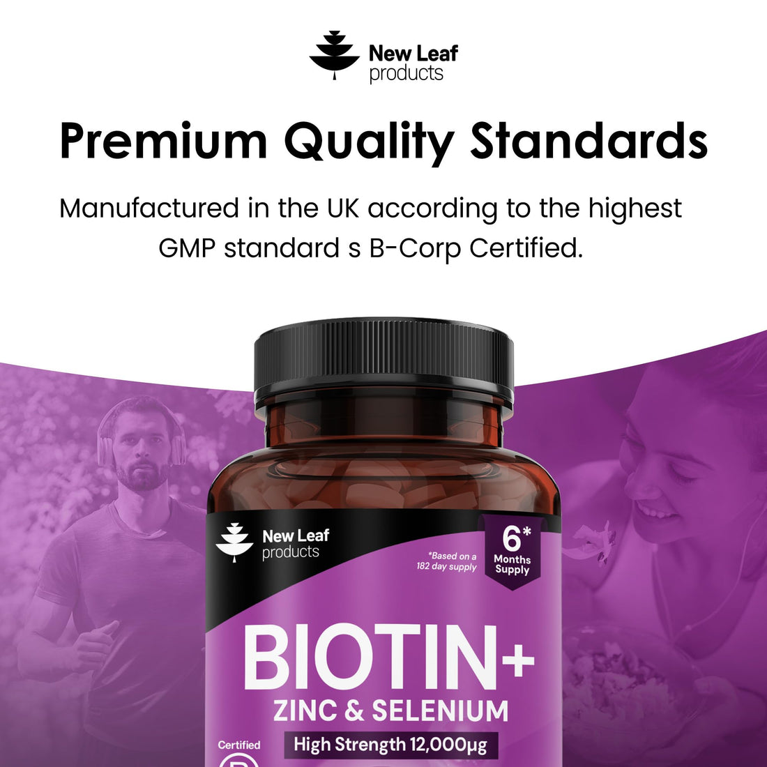 Biotin Hair Growth Vitamins 12,000mcg D-Biotin Tablets Enriched with Zinc & Selenium –Vegan Beauty Hair Skin & Nails Vitamins for Women and Men High Strength - 3 Months Supply UK Made - New Leaf