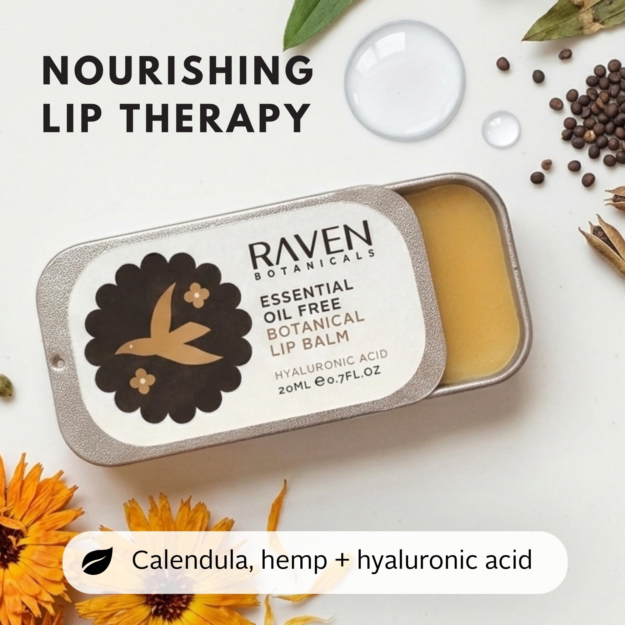 Raven Botanicals Natural Lip Balm Treatment, Hydration and Barrier Support, Organic Plant Extract Formula – Botanical Lip Balm 20ml (Rose Geranium)