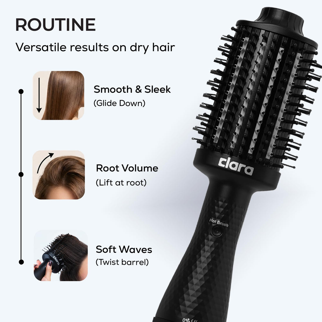 Clara Anti-Frizz Ionic Slim Hot Brush 32mm Thermal Heated Round Hair Styling Brush with 5.5mm Bristles, Triple Heat Settings, 3-in-1 Blowout, Wave & Smooth Finish Styling Tool – Black Halalzen