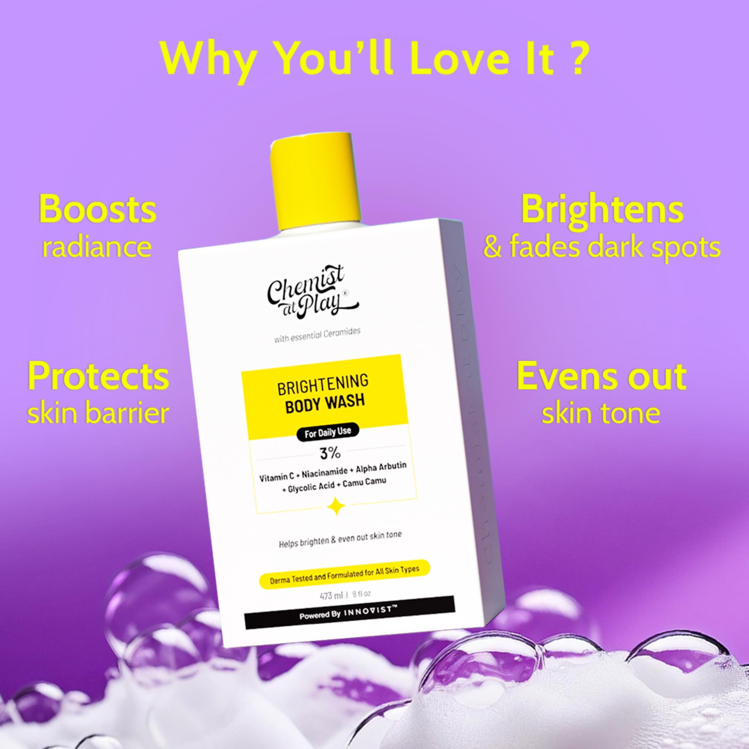 Chemist at Play Brightening Body Wash | Alpha Arbutin & Vitamin C | Fades Dark Spots & Evens Skin Tone | Glycolic Acid | Sulphate Free | 236ml