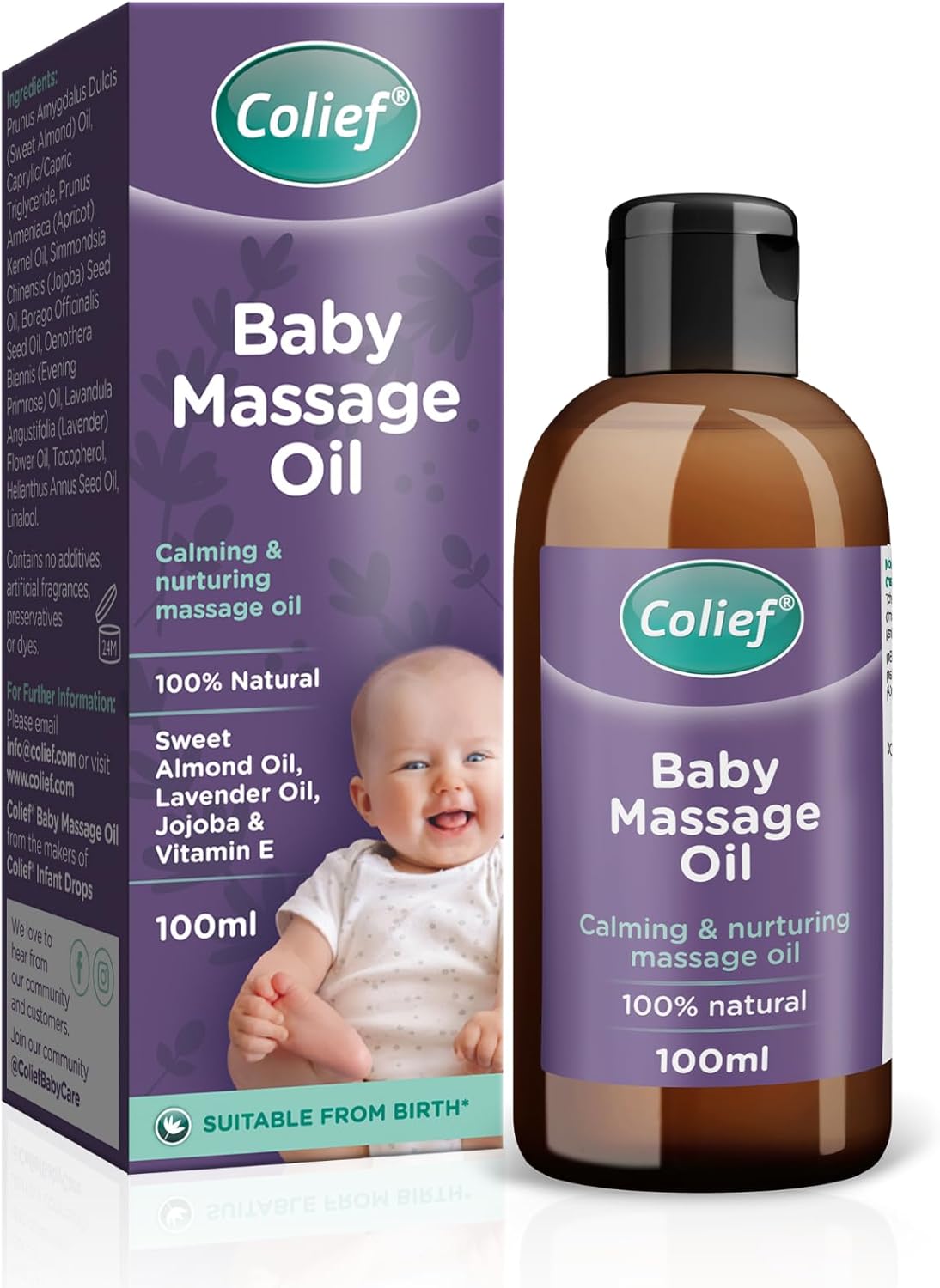 Colief Baby Massage Oil | Soothing Oil For Infants | Made With 100% Natural Ingredients Including Sweet Almond Oil, Lavender Oil, Jojoba & Vitamin E | Suitable From Birth 100ml Halalzen
