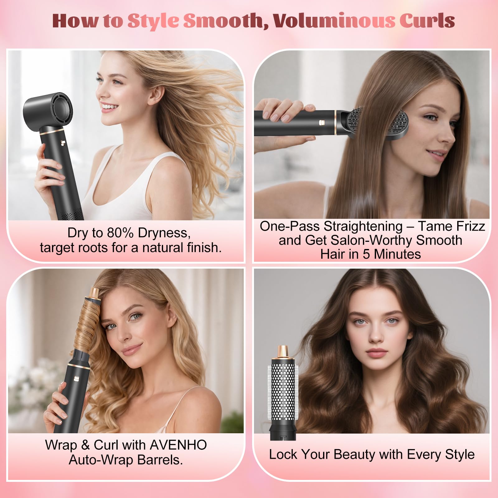5 in 1 Hair Styler for Woman, Air Curling Wrap, Drying, Curling, Straightening & Volumizing, Hot Air Curler Dryer Brush Tool Set, Curl Styling Tools - Blush Halalzen