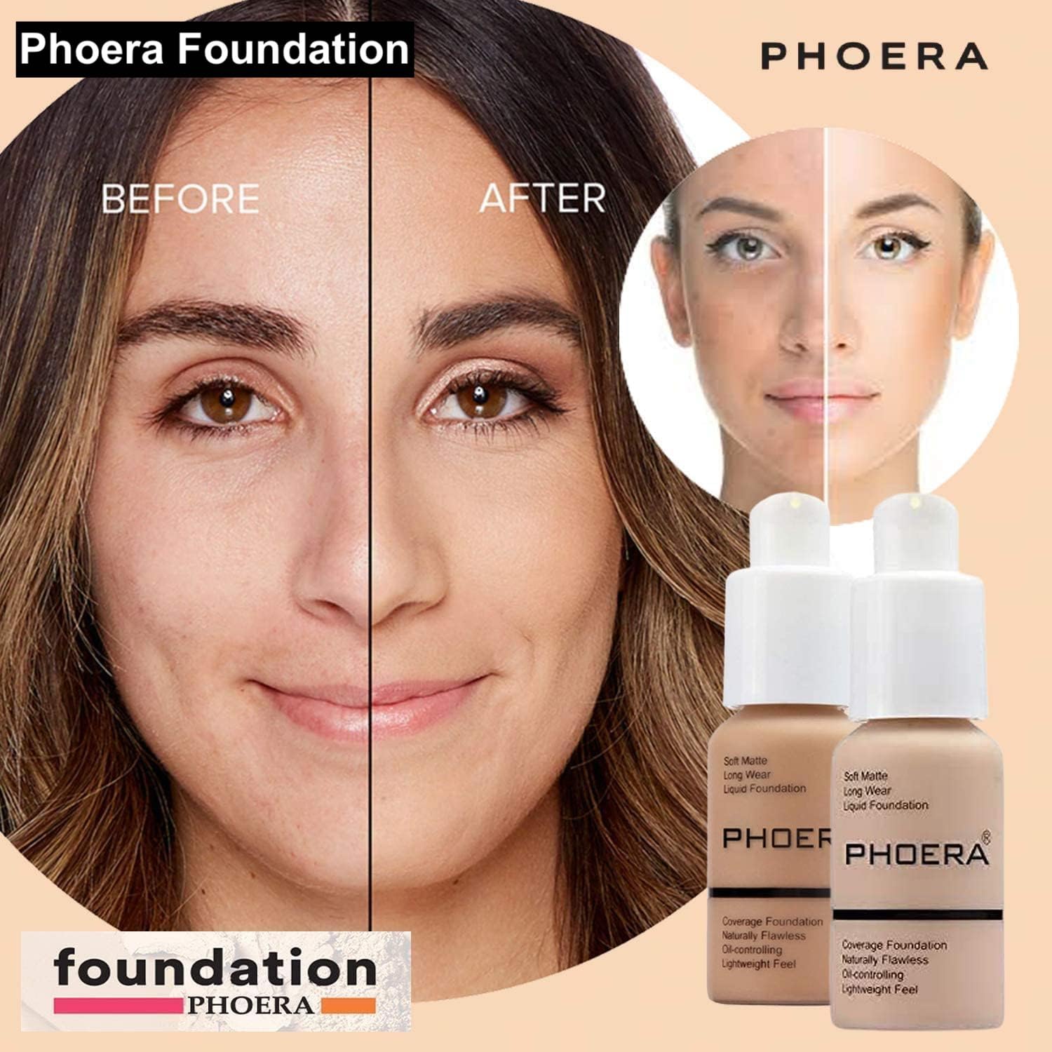 Glamza PHOERA Foundation Concealer Makeup Full Coverage Matte Brighten Long Lasting UK (104 BUFF BEIGE) Halalzen