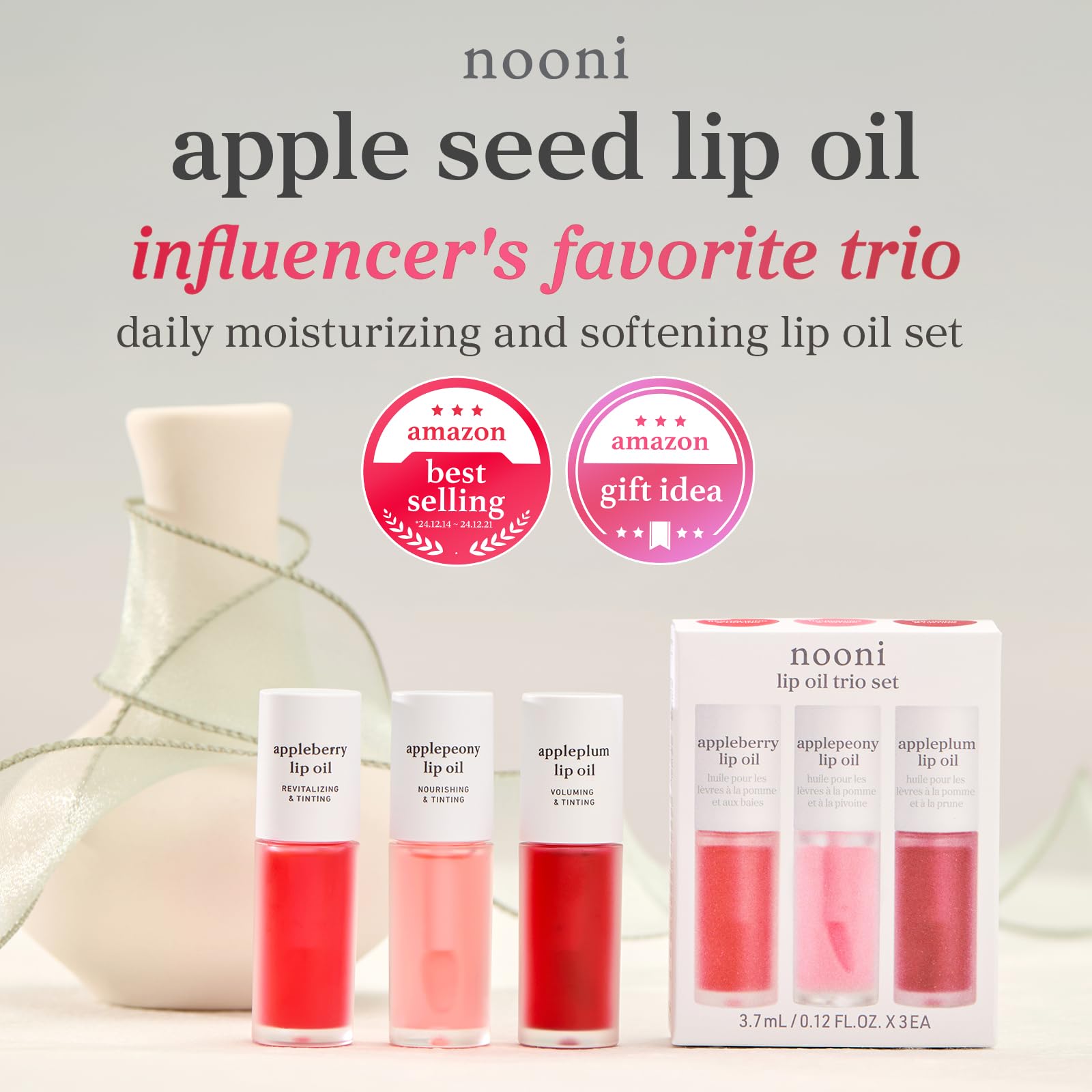 NOONI Korean Lip Oil - Applepeony | Long-Lasting, Moisturizing, Plumping, Revitalizing for Dry Lips, Waterproof, No Peel Off, Hydrating Lip Stain, Stocking Stuffers, Cute Stuff, 0.12 FL Oz Halalzen