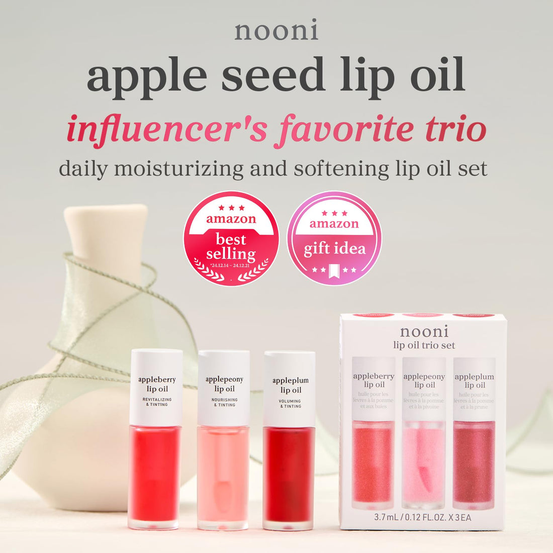 NOONI Korean Lip Oil - Applepeony | Long-Lasting, Moisturizing, Plumping, Revitalizing for Dry Lips, Waterproof, No Peel Off, Hydrating Lip Stain, Stocking Stuffers, Cute Stuff, 0.12 FL Oz Halalzen