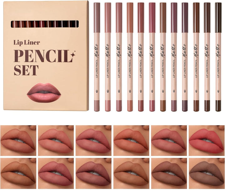 12 PCS Lip Liner Pencil Set,Matte,Waterproof & Long Lasting Lipstick & Lipgloss Kit,Includes Red Lipstick,Brown & Nude Lip Liners,Smudge-Proof Lip Liner Pen,Lip Gloss Set,Lip Liner and Lipstick Set Halalzen