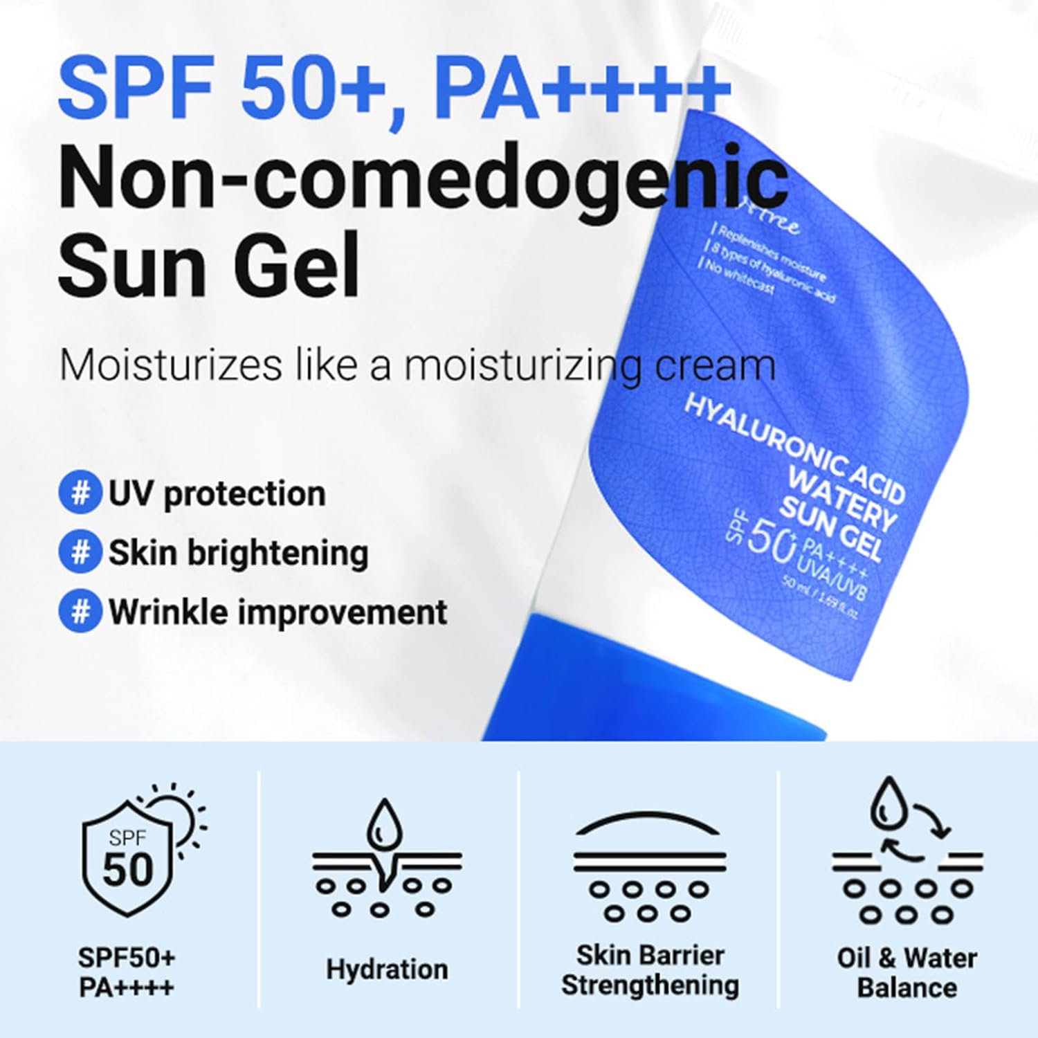 ISNTREE Hyaluronic Acid Watery Sun Gel 50 ml | SPF 50+ PA++++ | Korean Sunscreen | Lightweight & Hydrating Gel | No White Cast | Daily UV Protection