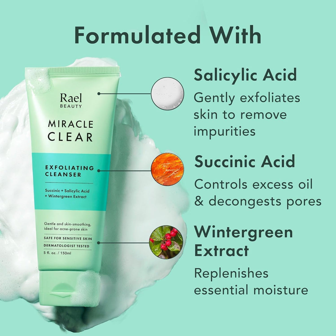 Rael Miracle Clear Facial Cleanser – Makeup Remover, Daily Face Wash, Gentle Deep Pore Cleansing Korean Skin Care for Oily & Combination Skin (Exfoliating Cleanser, 5.1 fl. oz)