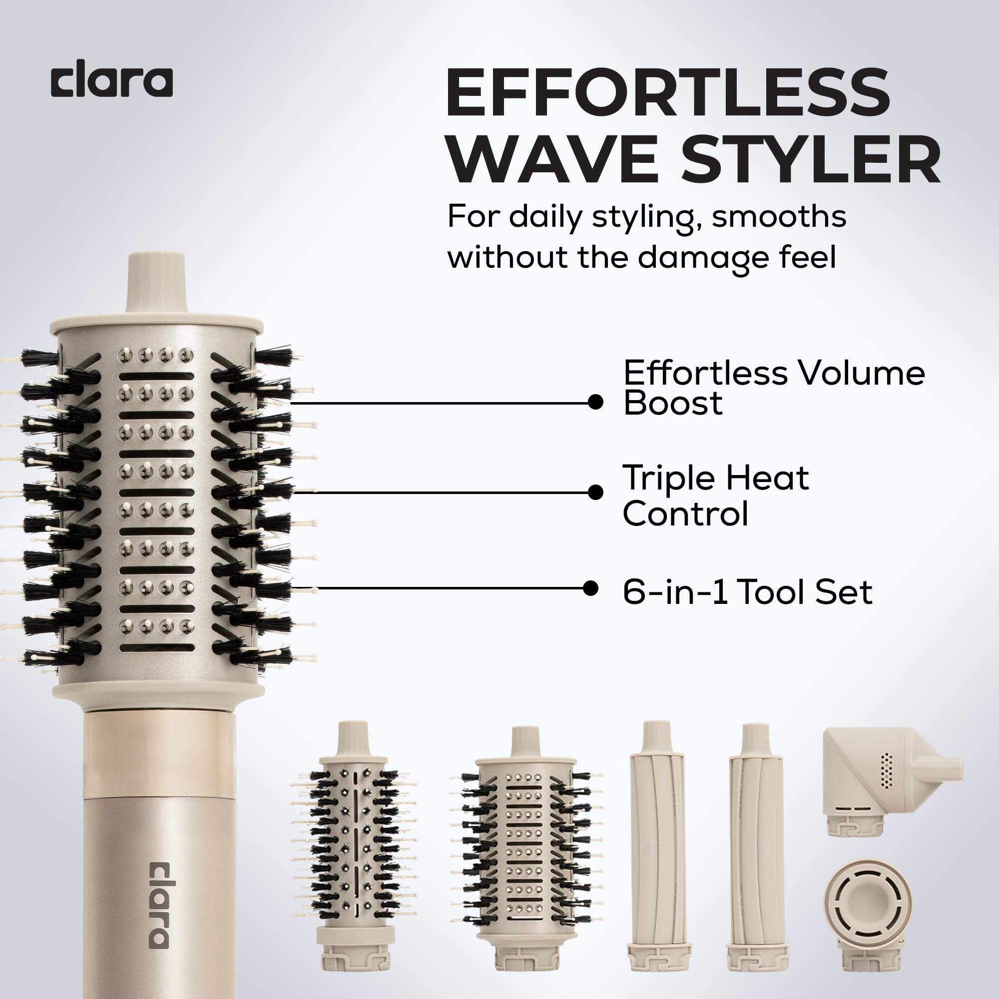 Clara 6-in-1 Gold Multi Styler with Auto-Wrap Curlers, Hair Dryer, & Brush (Round & Oval) for All Hair Types – 1500W Ionic Styling Tool for Frizz-Free Waves & Salon Blowouts Halalzen