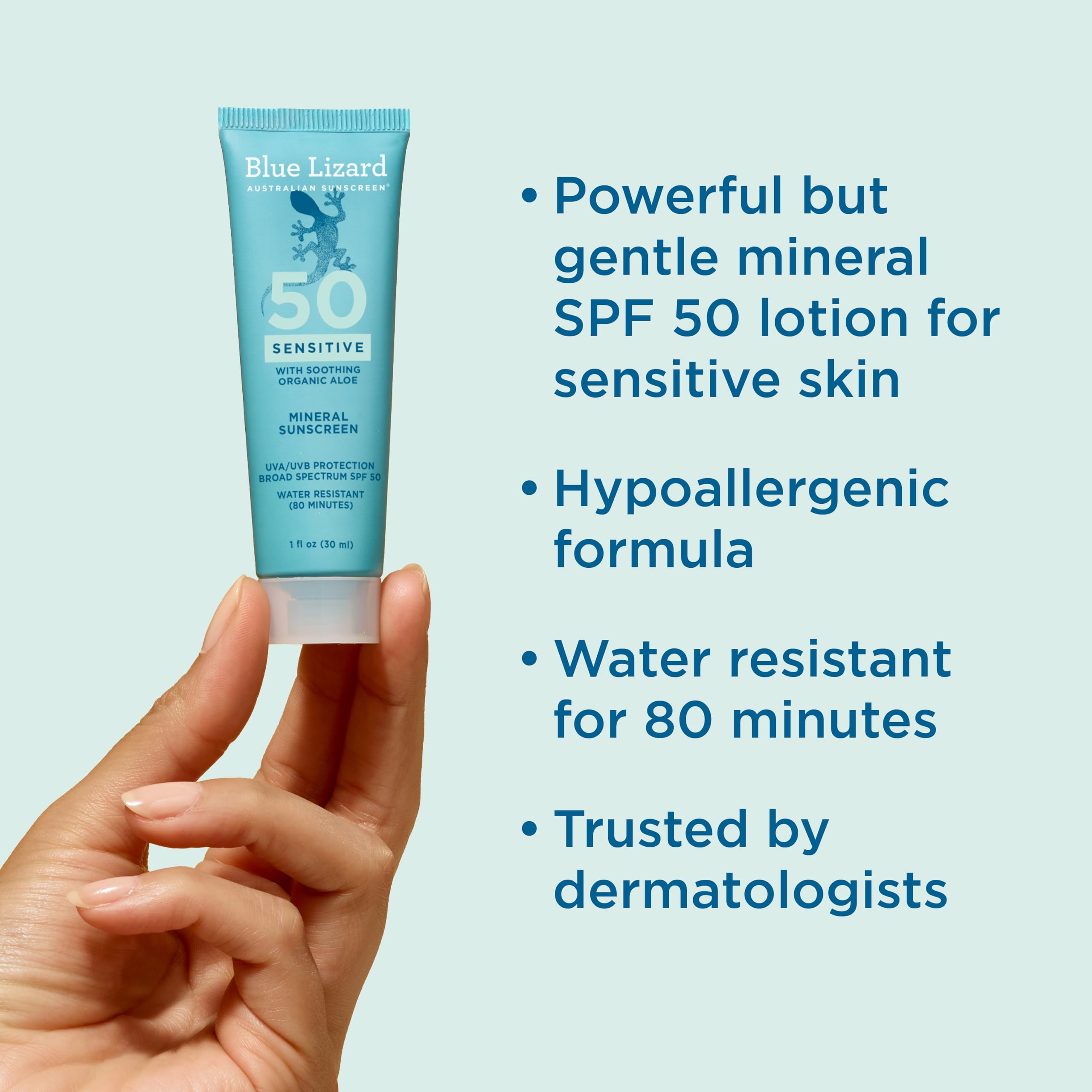 Blue Lizard Sensitive Mineral SPF 50 Sunscreen Lotion, 100% Mineral Sunscreen, UVA/UVB Protection, Infused with organic Aloe Vera, Soothes and Hydrates, 5 fl oz Halalzen