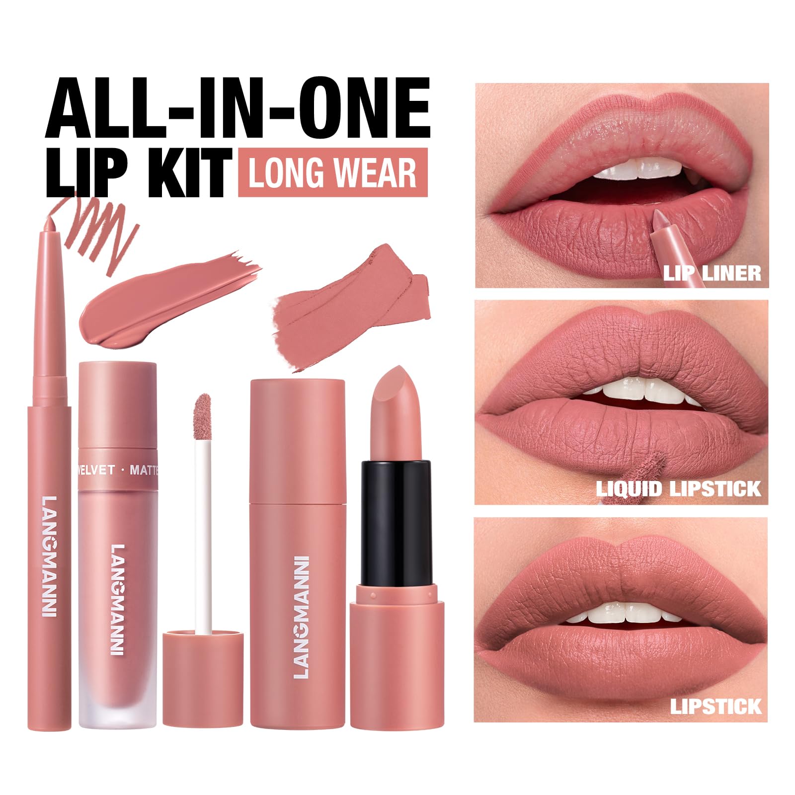 3PCS Matte Liquid Lipstick Lip Gloss & Liner Set - All-IN-One Lip Kit, Velvety Nude Color, Waterproof Make Up Set (# 03) Halalzen