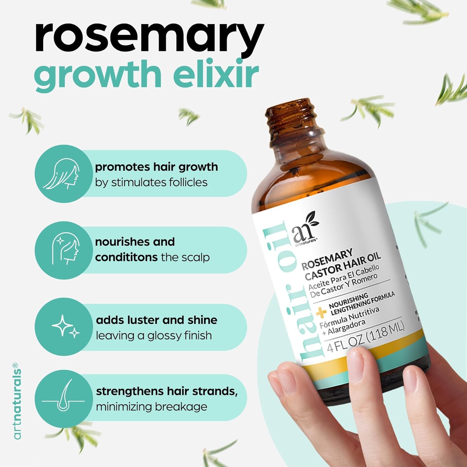 Artnaturals Organic Rosemary Castor Hair Oil + Massager Hair Growth Set Huile de croissance capillaire 120 ml avec huile de noix de coco et d'olive pour cheveux secs, abîmés et pointes fourchues
