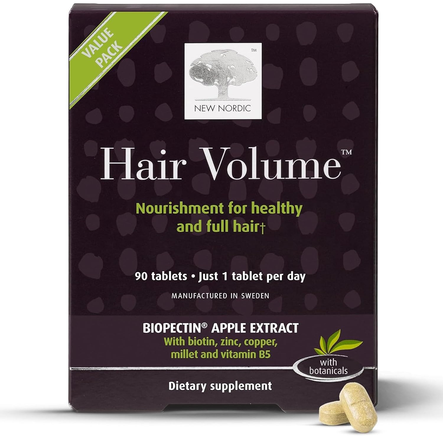 New Nordic Hair Volume 90 Tablets - Clinically Proven Growth Vitamins - Biotin, Zinc & Apple - for Women & Men