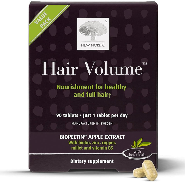 New Nordic Hair Volume 90 Tablets - Clinically Proven Growth Vitamins - Biotin, Zinc & Apple - for Women & Men