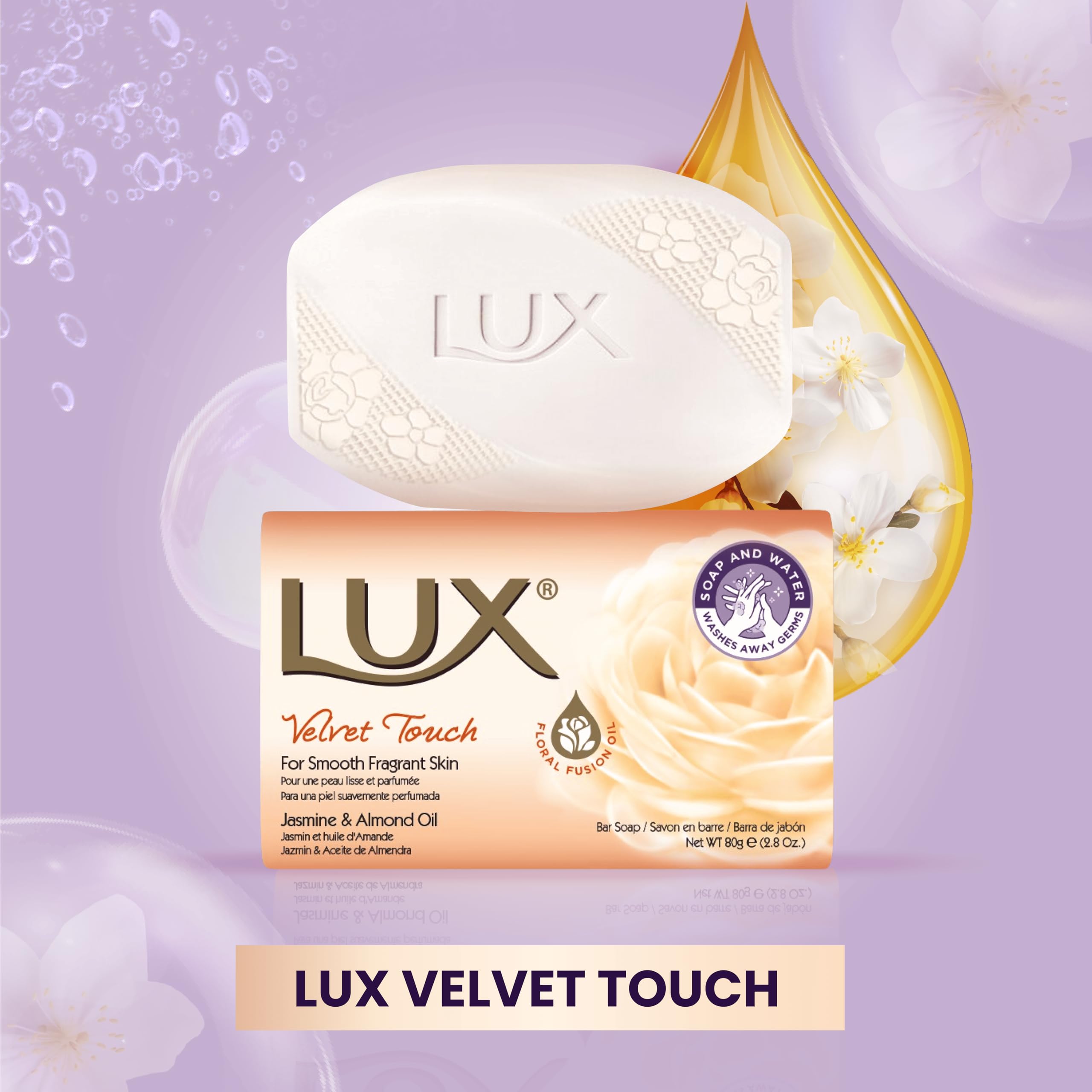 LUX Velvet Touch Soap Bar, Jasmine & Almond Oil, For Smooth Fragrant Skin, 80g (12 Pack) Halalzen