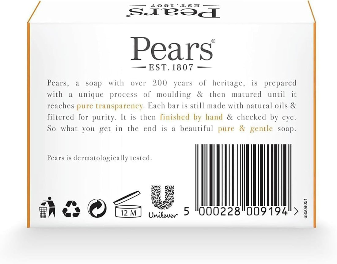 Pears Pure & Gentle Transparent Soap Bar 3 Pack (125g Each) – Natural Oils, Mint Extracts & Lemon Flower Extracts Halalzen