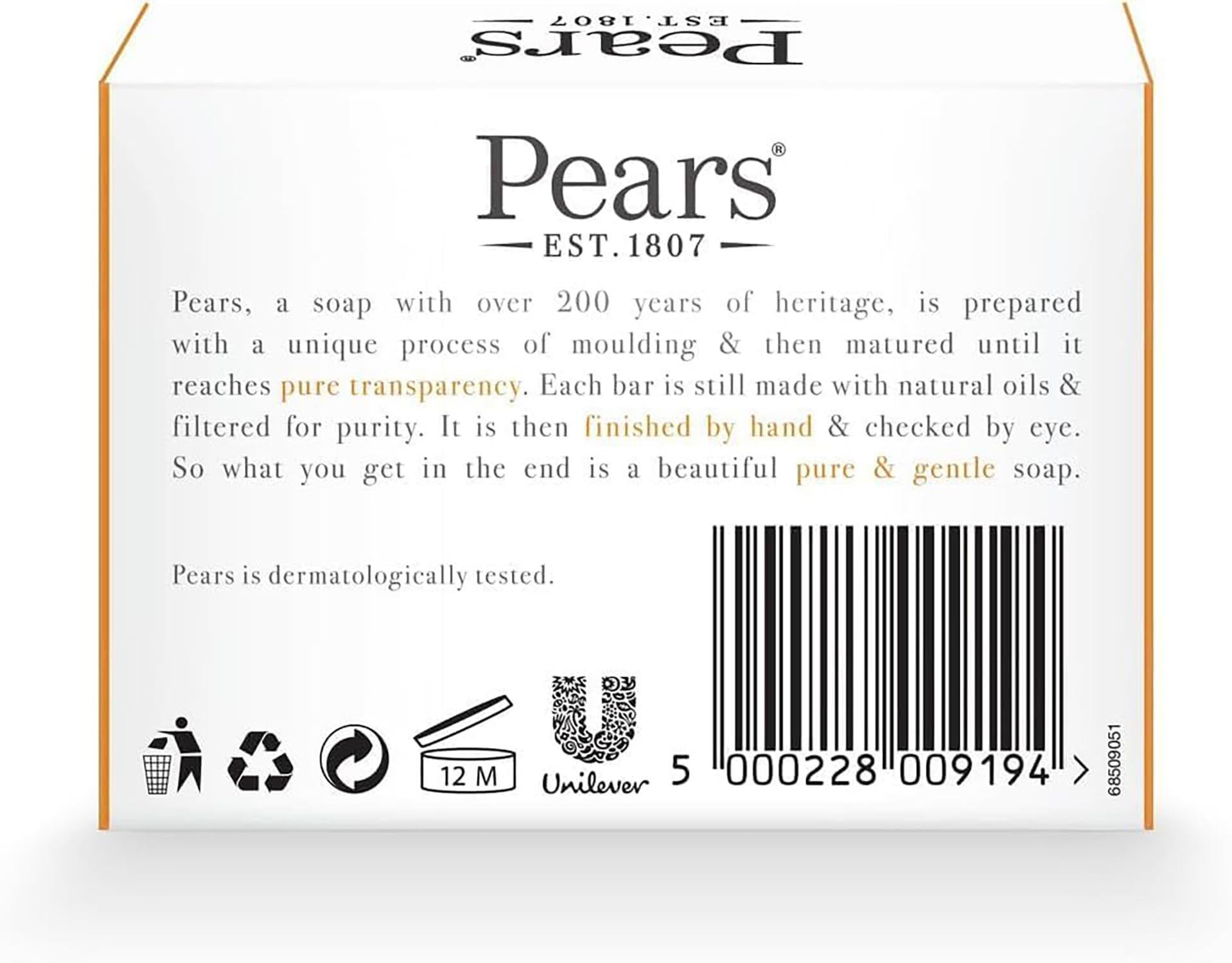 Pears Pure & Gentle Transparent Natural Soap Bar - Made with Mint Extracts, Nourishing and Refreshing Bathing Cleanser, Gentle & Soothing Skin Care, Pure Transparency, Pack of 12 x 125g Halalzen