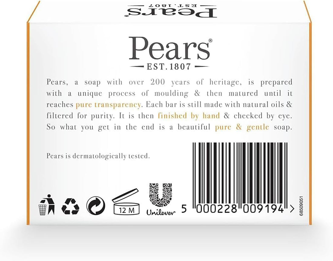 Pears Pure & Gentle Transparent Natural Soap Bar - Made with Mint Extracts, Nourishing and Refreshing Bathing Cleanser, Gentle & Soothing Skin Care, Pure Transparency, Pack of 12 x 125g Halalzen