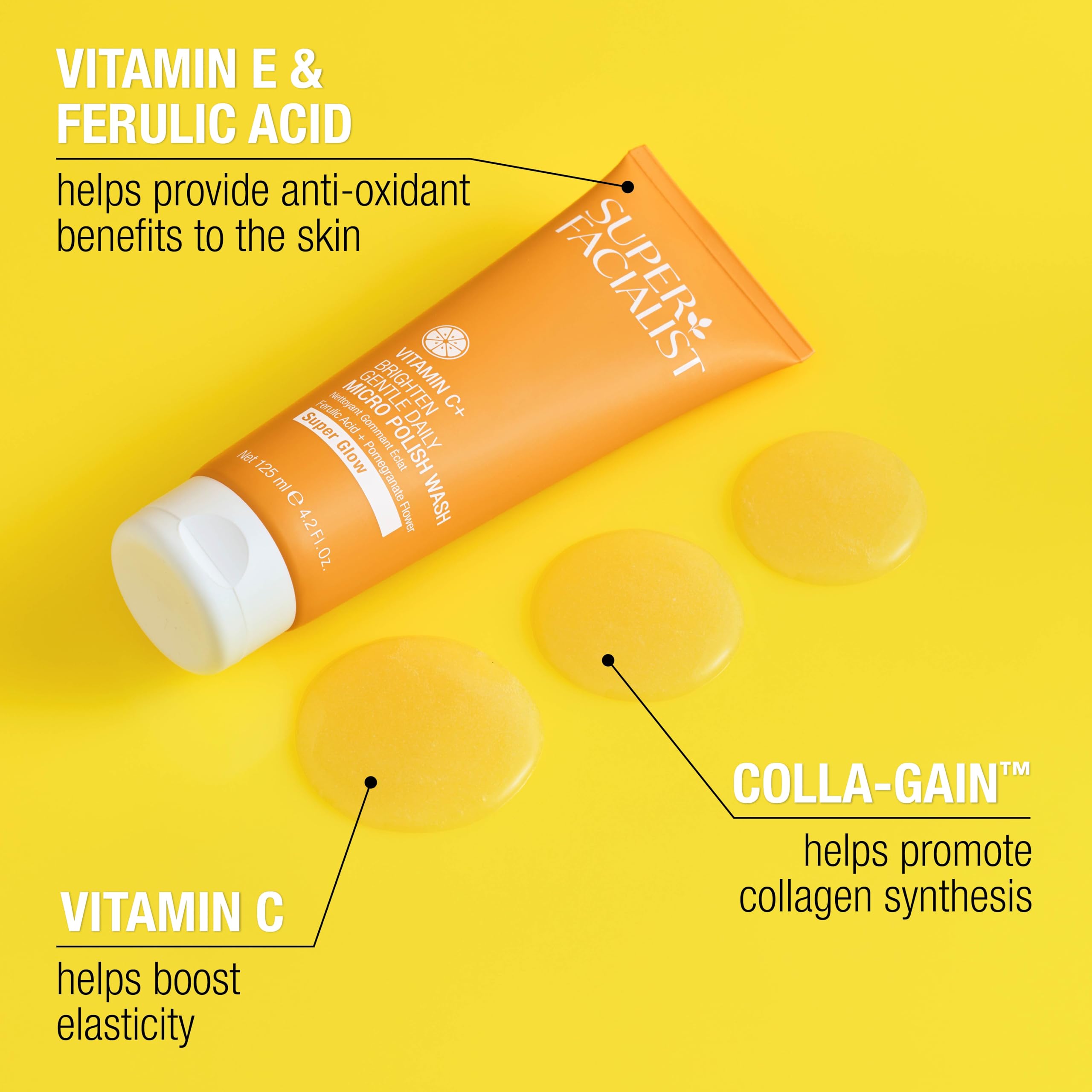 Super Facialist Vitamin C Gentle Daily Micro Polish Face Wash - Exfoliating Cleanser for Sensitive Skin, Removes Impurities, Biodegradable Beads, Vegan Friendly 125ml