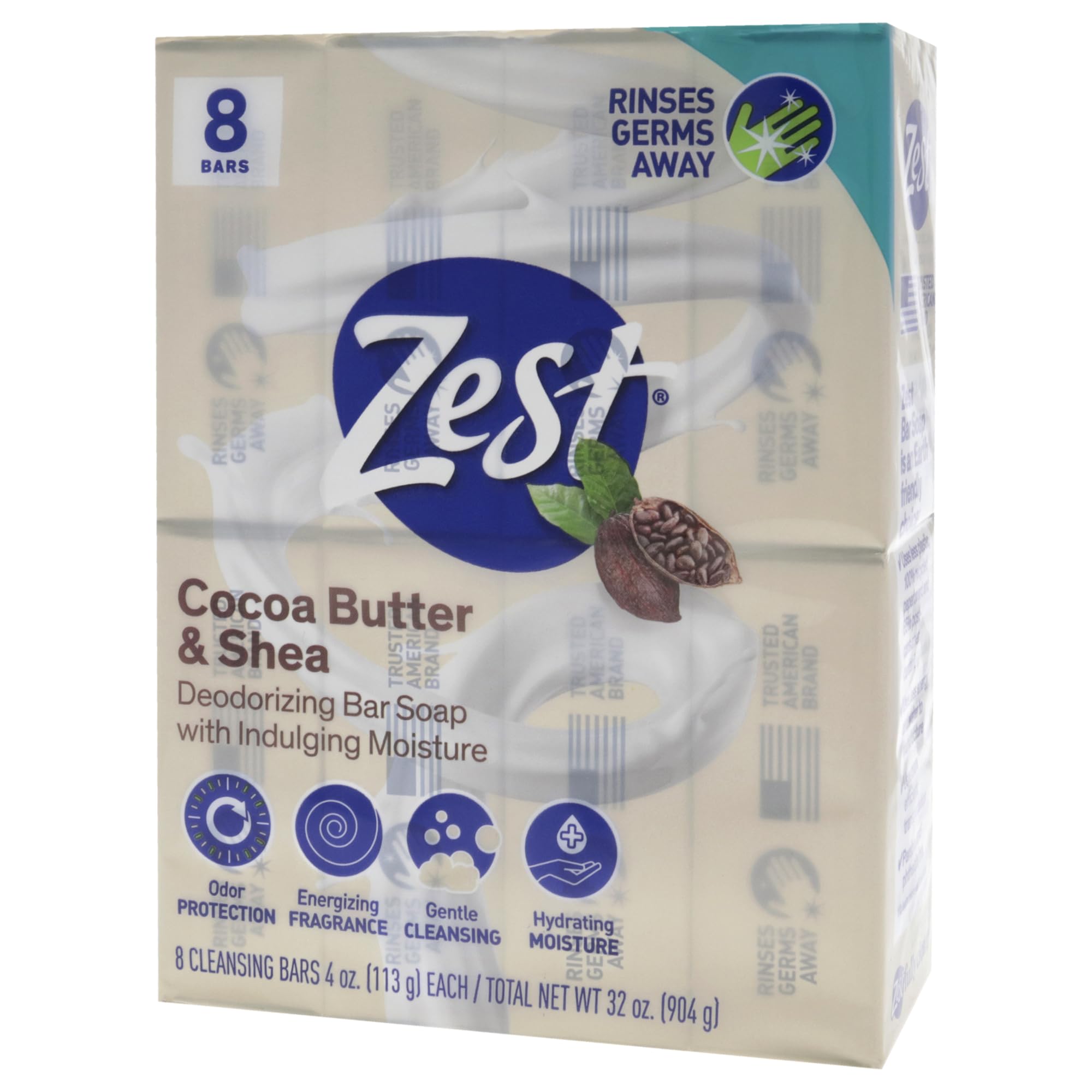 Zest Bar Soap - 8 Bars - Enriched With Cocoa Butter And Shea for Ultra Moisturizing Cleansing - Leaves Your Body Feeling Silky Smooth And Deeply Moisturized