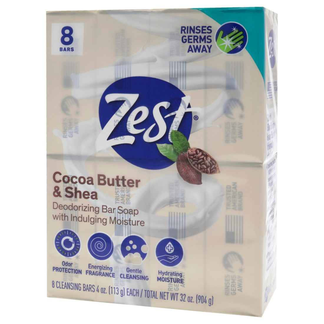 Zest Bar Soap - 8 Bars - Enriched With Cocoa Butter And Shea for Ultra Moisturizing Cleansing - Leaves Your Body Feeling Silky Smooth And Deeply Moisturized