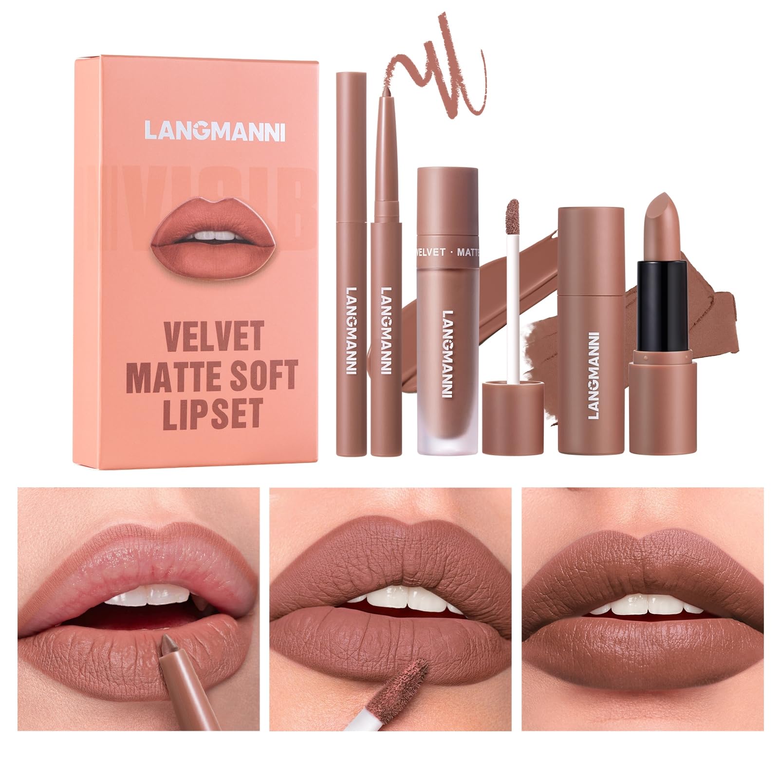 3PCS Matte Liquid Lipstick Lip Gloss & Liner Set - All-IN-One Lip Kit, Velvety Nude Color, Waterproof Make Up Set (# 03) Halalzen