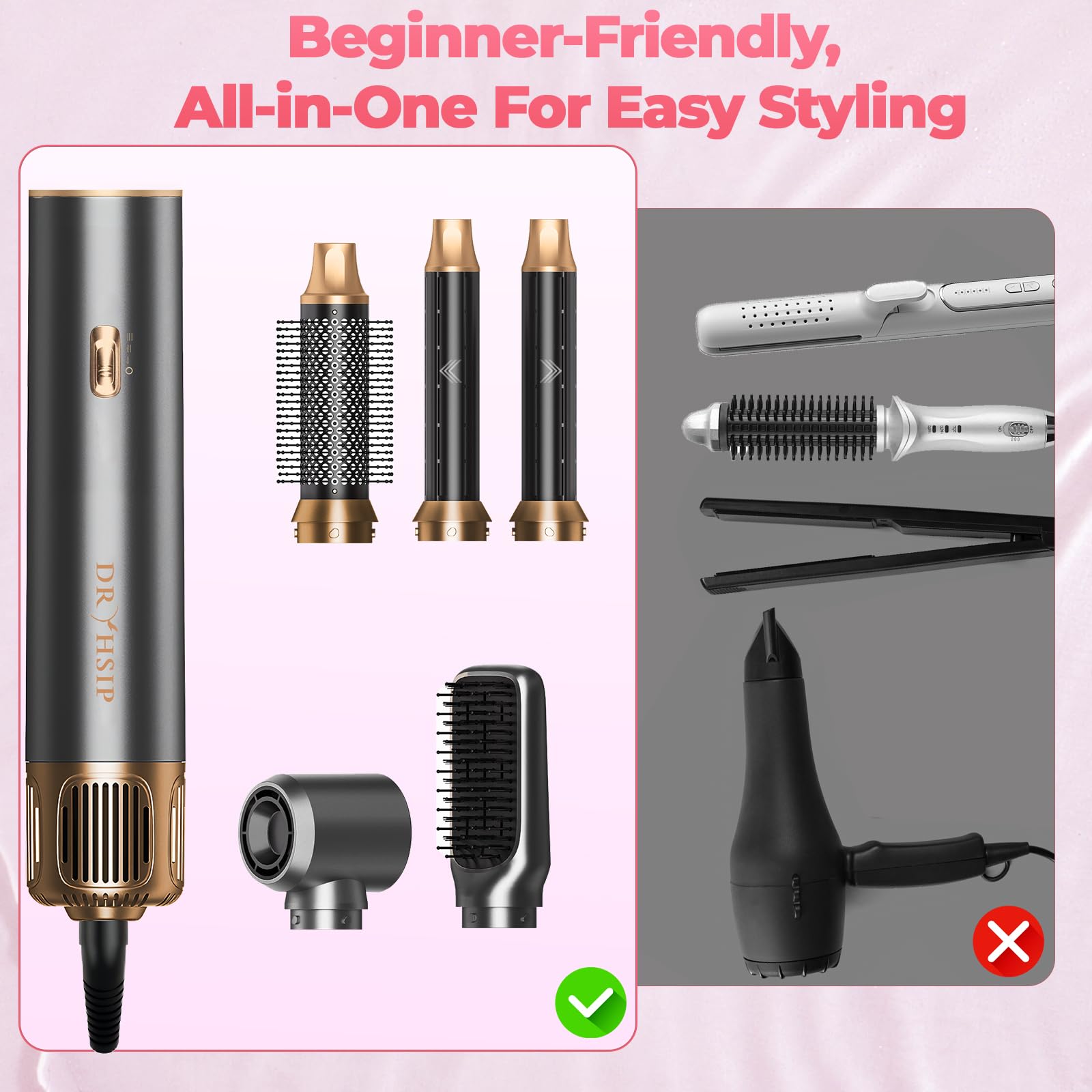 5 in 1 Hot Air Styler, Hair Dryer Brush with Auto Wrap Curlers, 3 Heat Settings, Fast Drying & Volumizing – Includes Curling Barrels & Straightening Comb (Charcoal) Halalzen