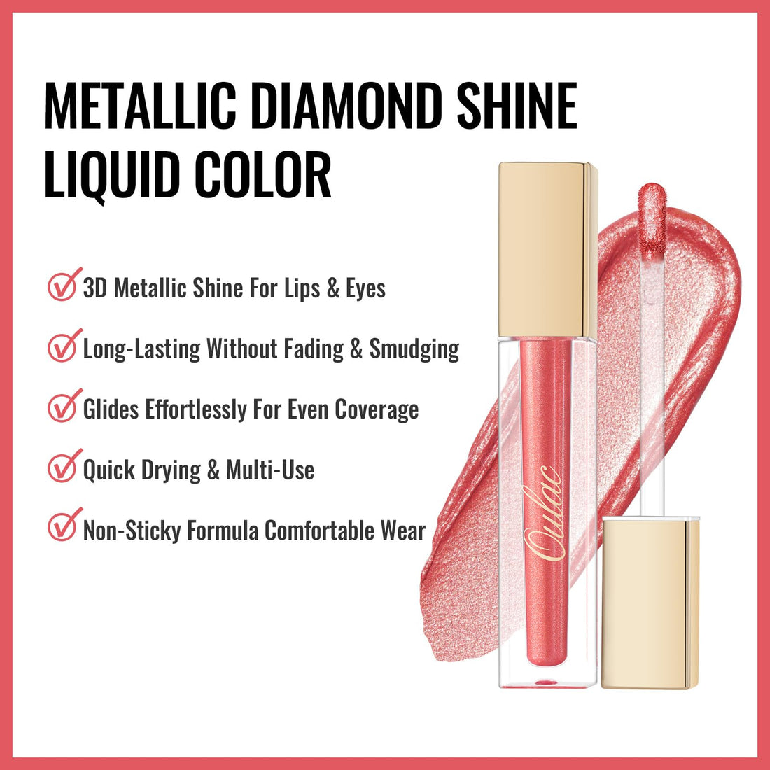 Oulac Metallic Diamond Shine Liquid Lip Gloss - Glitter Glossy for Lip & Eye, Long Lasting 24H + & Waterproof, Lightweight Lip Stain, 3D Metallic Finish, No Transfer, Vegan, 4.5ml,MD05 Loose Control Halalzen