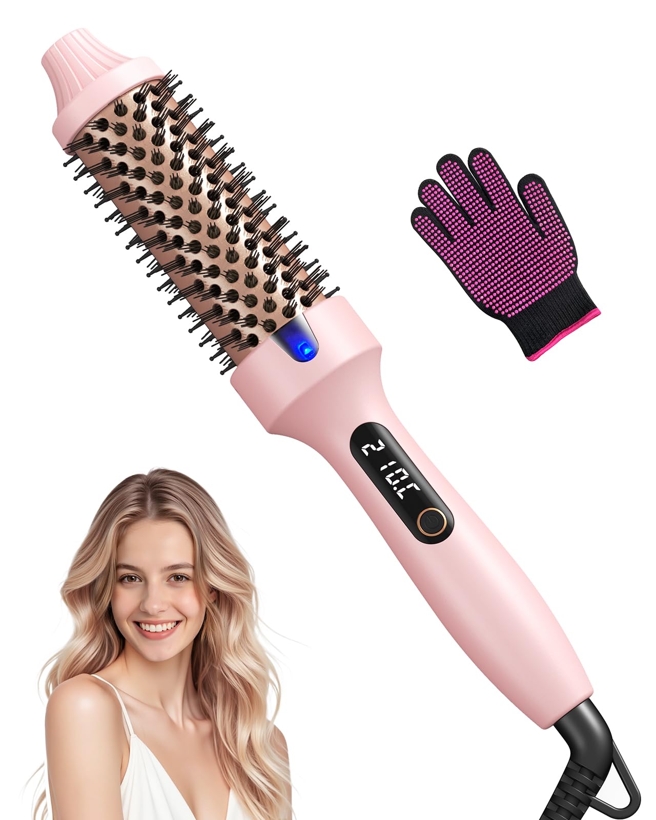 Haokoo Thermal Brush for Blowout Volume & Smooth Hair - 38mm Hot Brush, Ionic Anti-Frizz Heated Brush, 6 Heat Settings, Dual Voltage, Lightweight 250g, Pink Halalzen