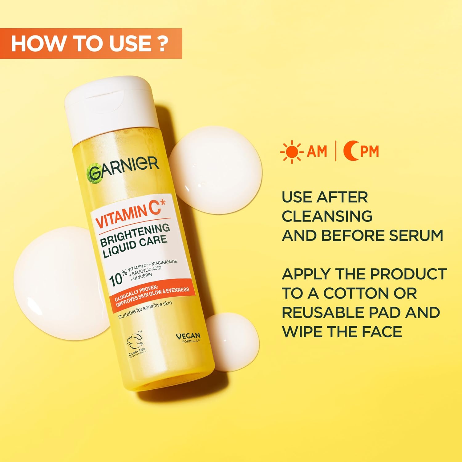 Garnier Vitamin C Brightening Liquid Care Toner with 10% Glycerin + Niacinamide + Vitamin C + Salicylic acid - Dermatologically tested, Vegan Formula, Cruelty-Free approved - 120ML