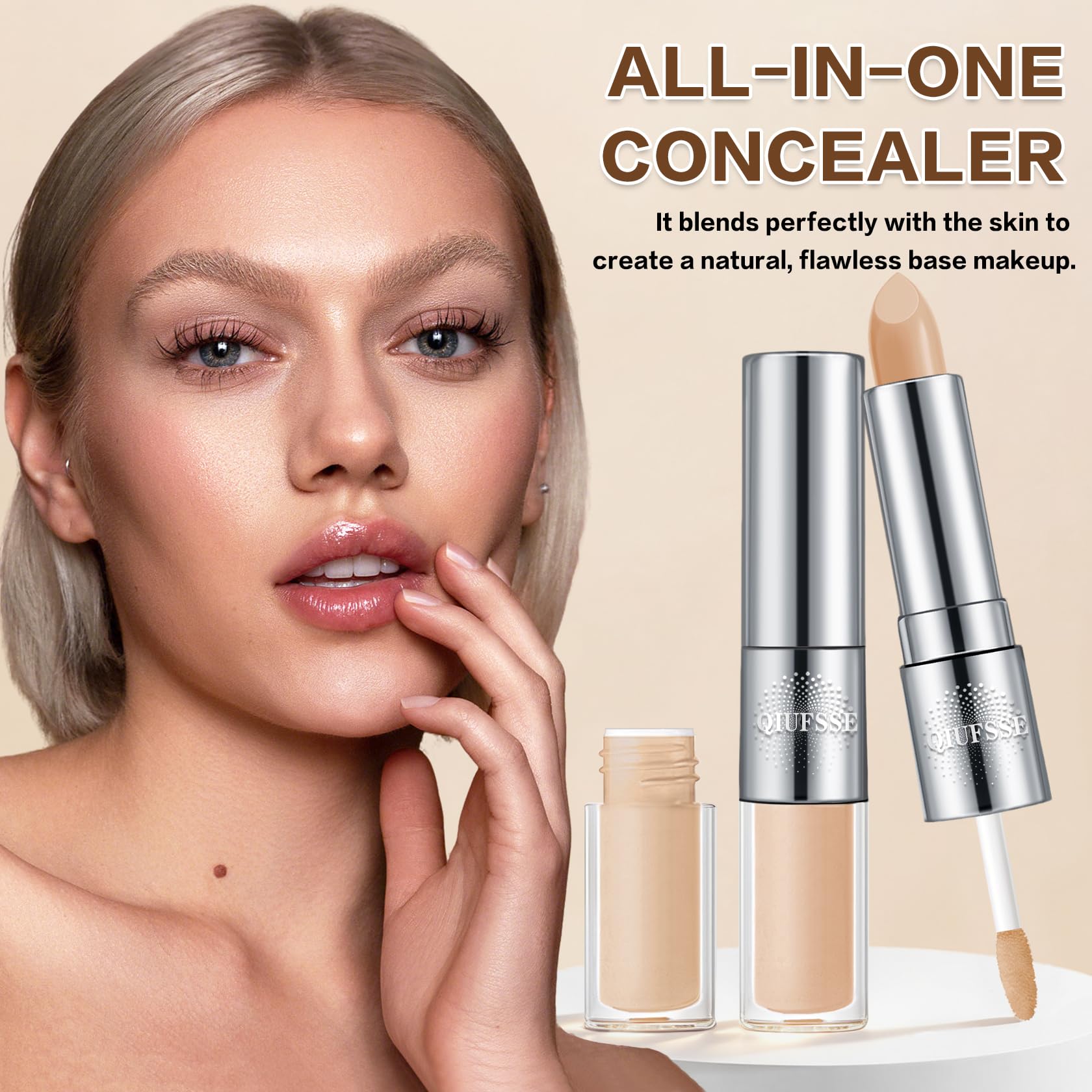 Under Eye Corrector for Dark Circles and Wrinkles,Double-ended Cream Concealer Stick & Liquid Concealer for Older Women,Hydrating,Long-lasting Wear,Concealers & Neutralizing Makeup（02 Beige） Halalzen