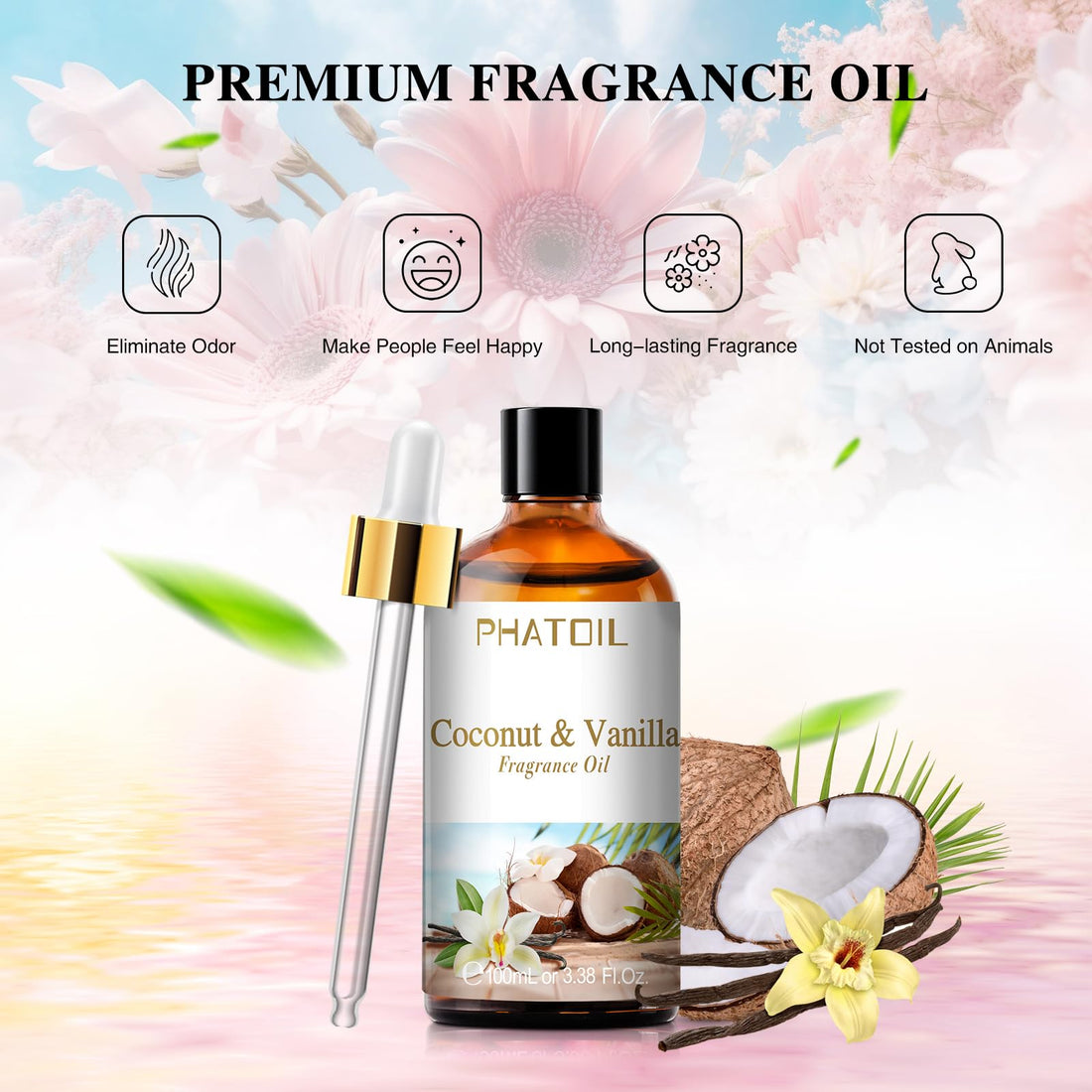 PHATOIL Coconut & Vanilla Fragrance Oils for Aromatherapy, Essential Oils for Diffusers for Home, Premium Quality Coconut & Vanilla Fragrance Essential Oil, Perfect for Diffuser, Relaxation - 100ml