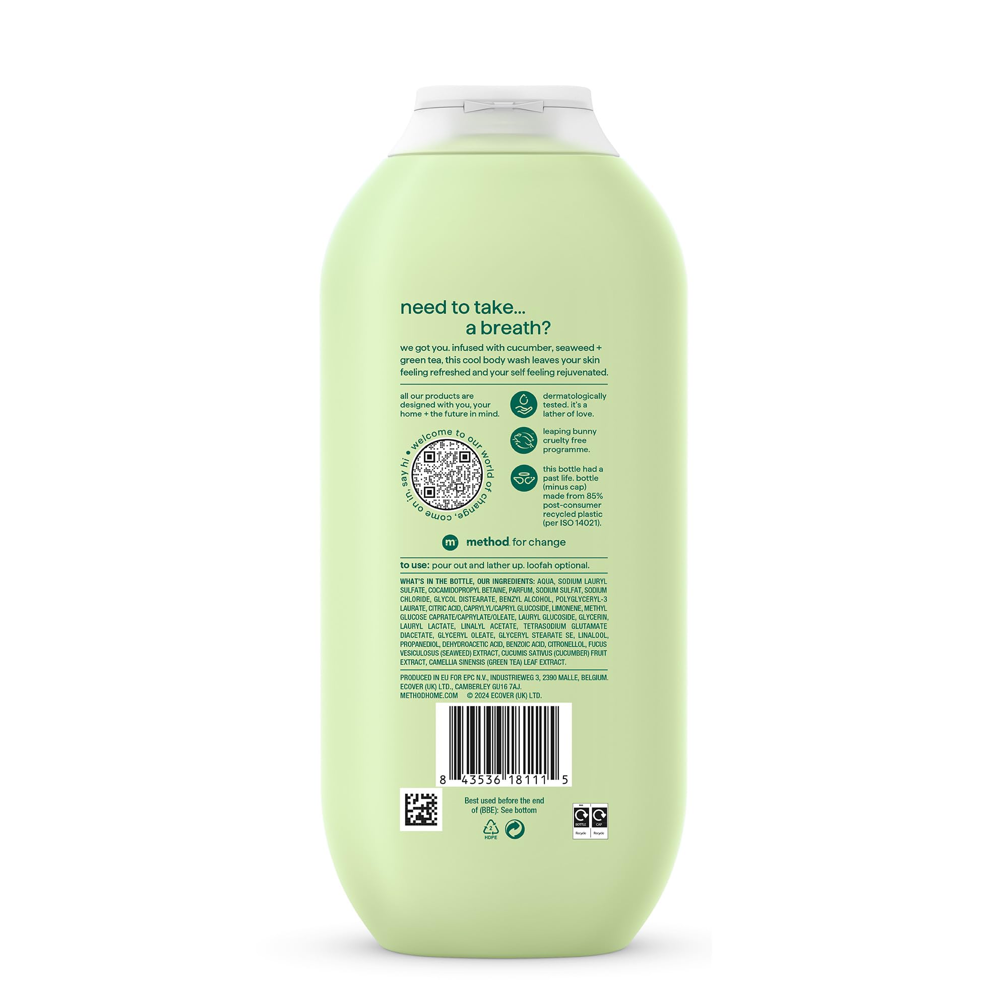 Method Body Wash, Daily Zen, Shower Gel, Vibrant Cucumber, Seaweed and Green Tea Scent, Pack of 1, 532ml