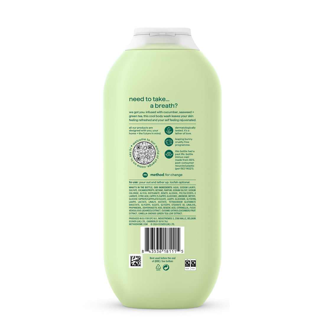 Method Body Wash, Daily Zen, Shower Gel, Vibrant Cucumber, Seaweed and Green Tea Scent, Pack of 1, 532ml