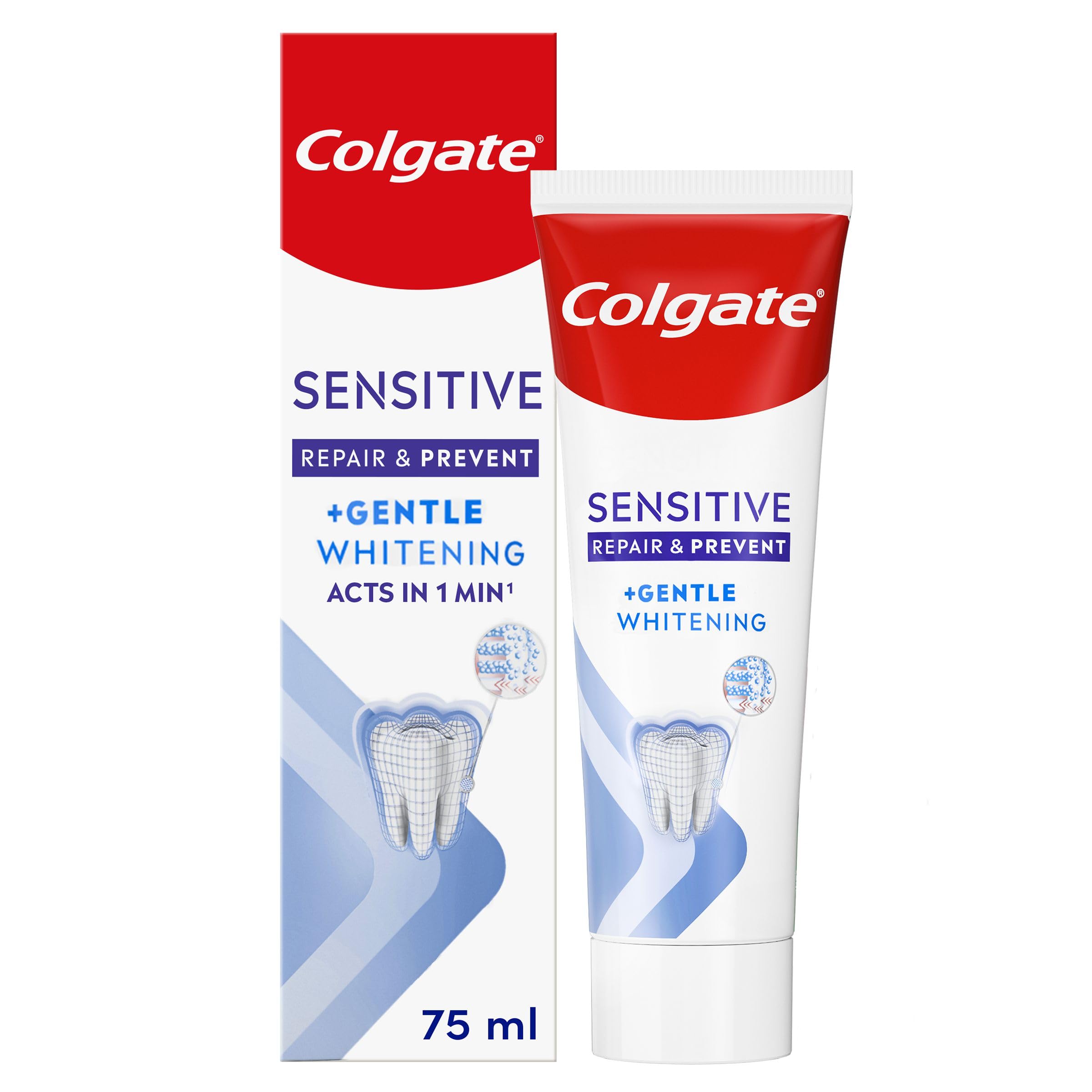 Colgate Sensitive Repair & Prevent + Gentle Whitening Toothpaste 75ml, Toothpaste for Sensitive Teeth, Acts in 1 Minute, Seals and Repairs Sensitive Areas of Teeth, Prevents Pain Coming Back