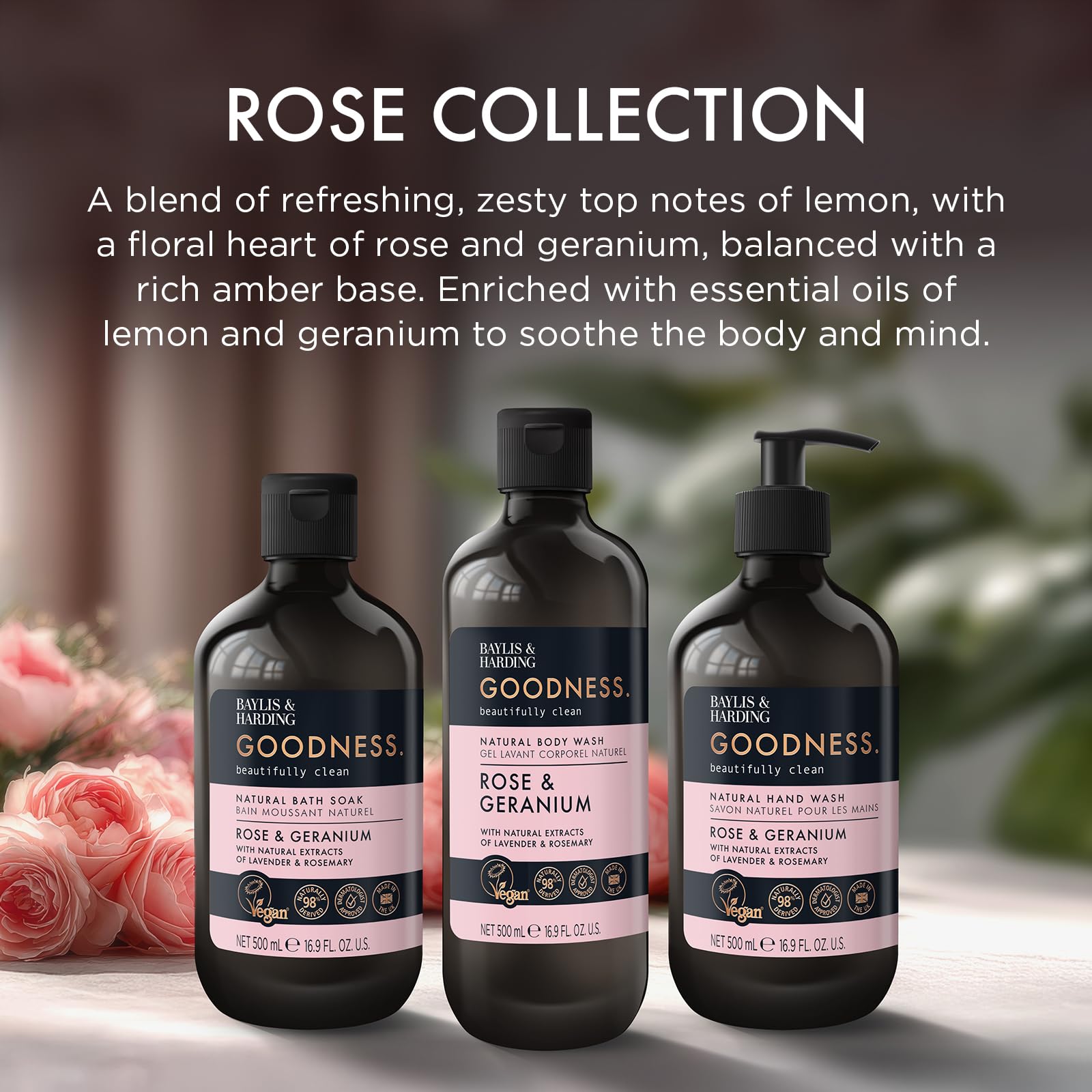 Baylis & Harding Goodness Rose & Geranium Natural Body Wash, 500 ml (Pack of 3) - Vegan Friendly